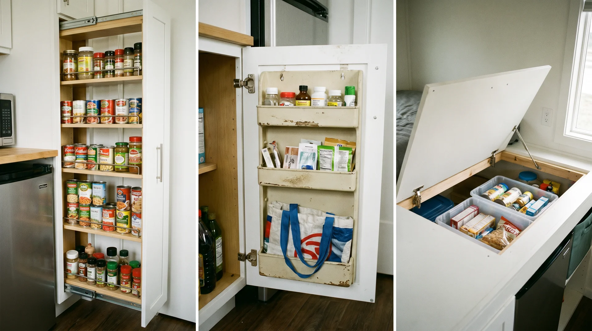 Three pantry alternatives for tiny kitchens showing pull-out tower beside fridge, over-door cabinet organizer, and under-platform THOW storage