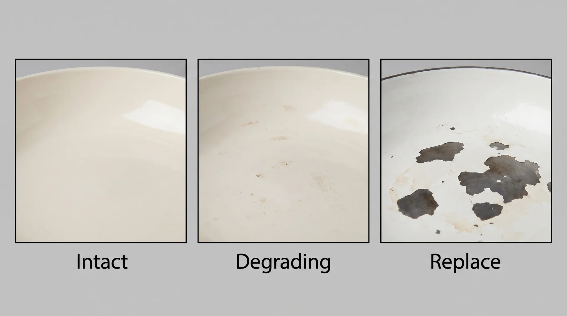 Three-stage ceramic coating degradation sequence: intact, degrading, and chipped surface needing replacement
