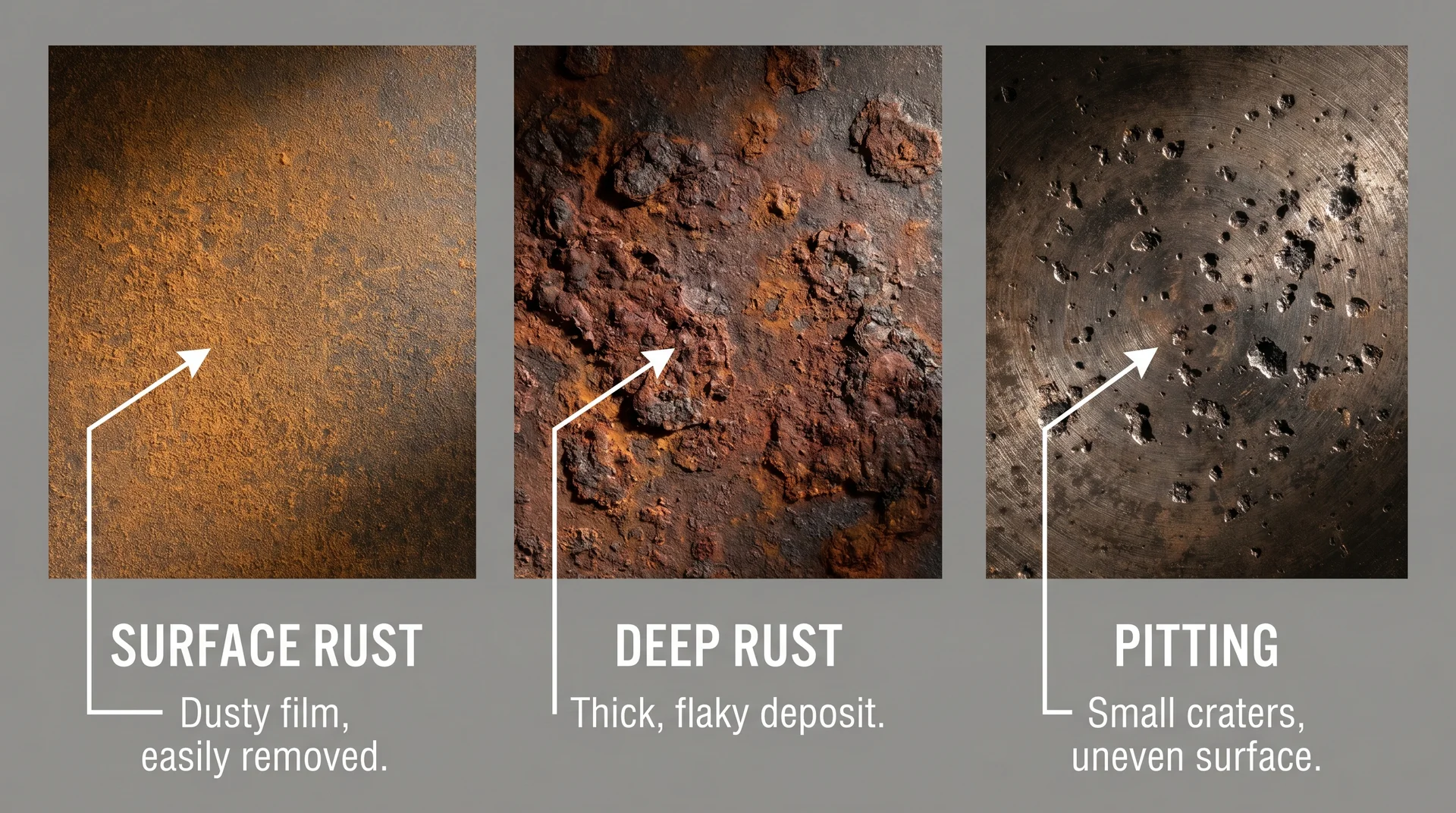 Three stages of cast iron rust shown side by side: surface rust film, deep rust crust, and iron pitting 