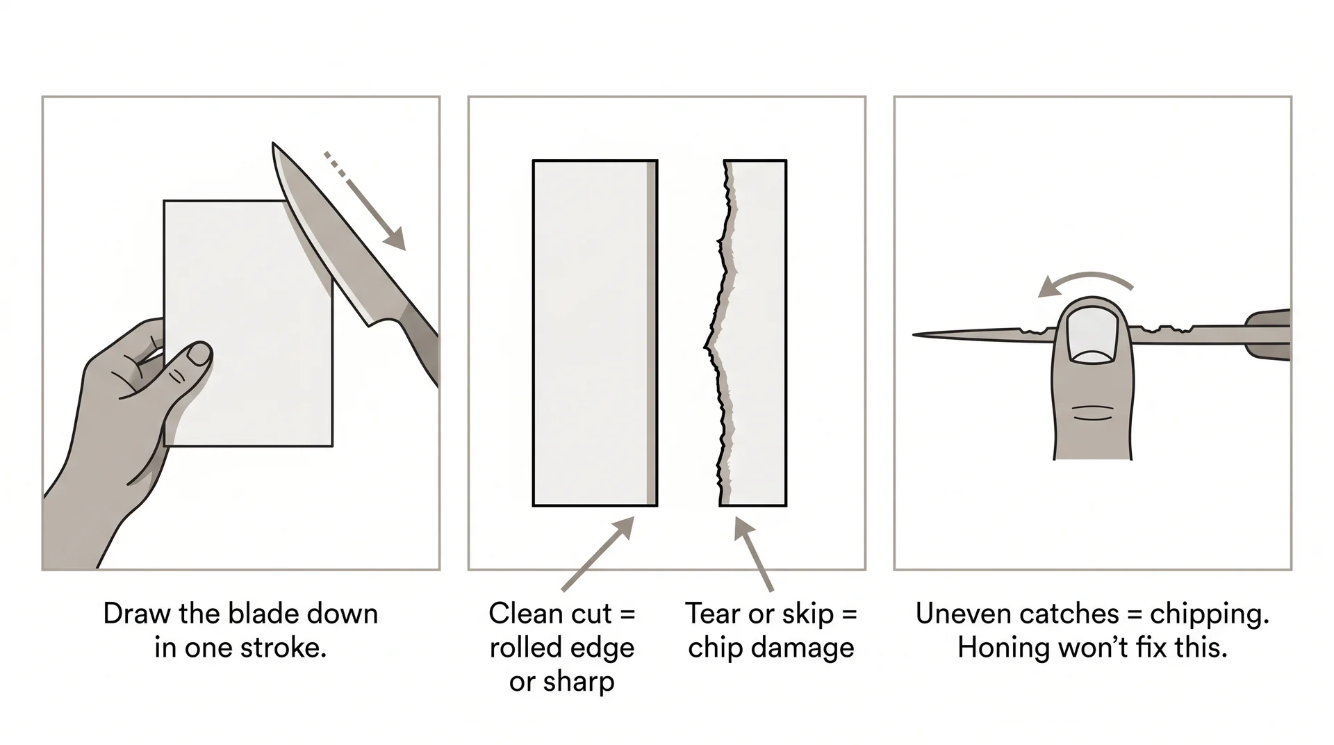 Three-step diagram showing how to perform the paper test to diagnose knife edge damage from glass cutting boards 