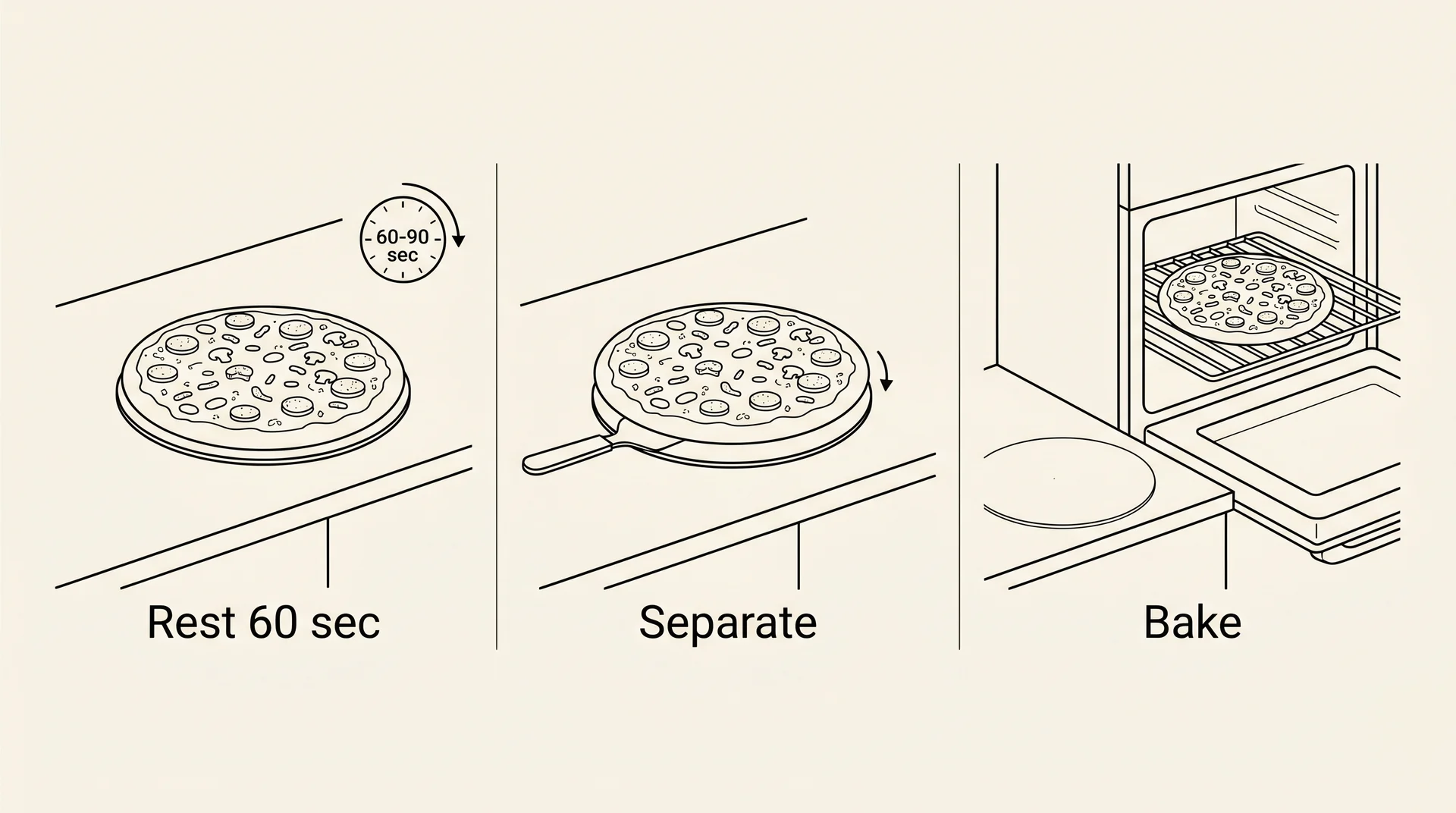 Three-step diagram showing how to remove frozen pizza from cardboard disc before baking 