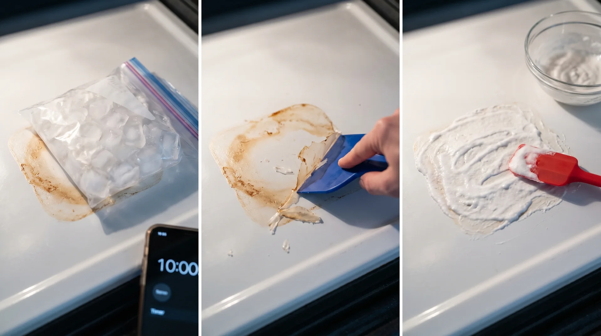 Three-step sequence showing oven plastic removal — ice hardening, plastic scraping, and baking soda paste application