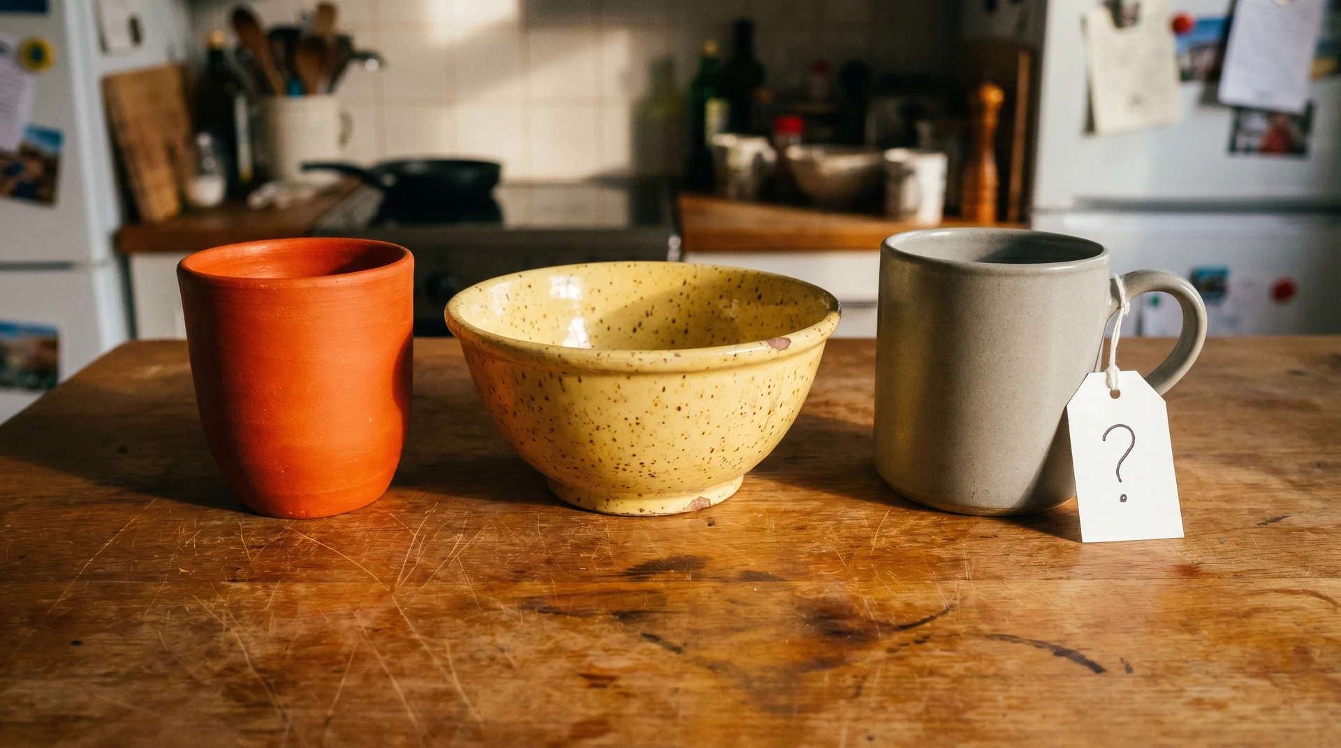 Three unlabelled handmade and vintage ceramic pieces on wooden surface with uncertain microwave safety
