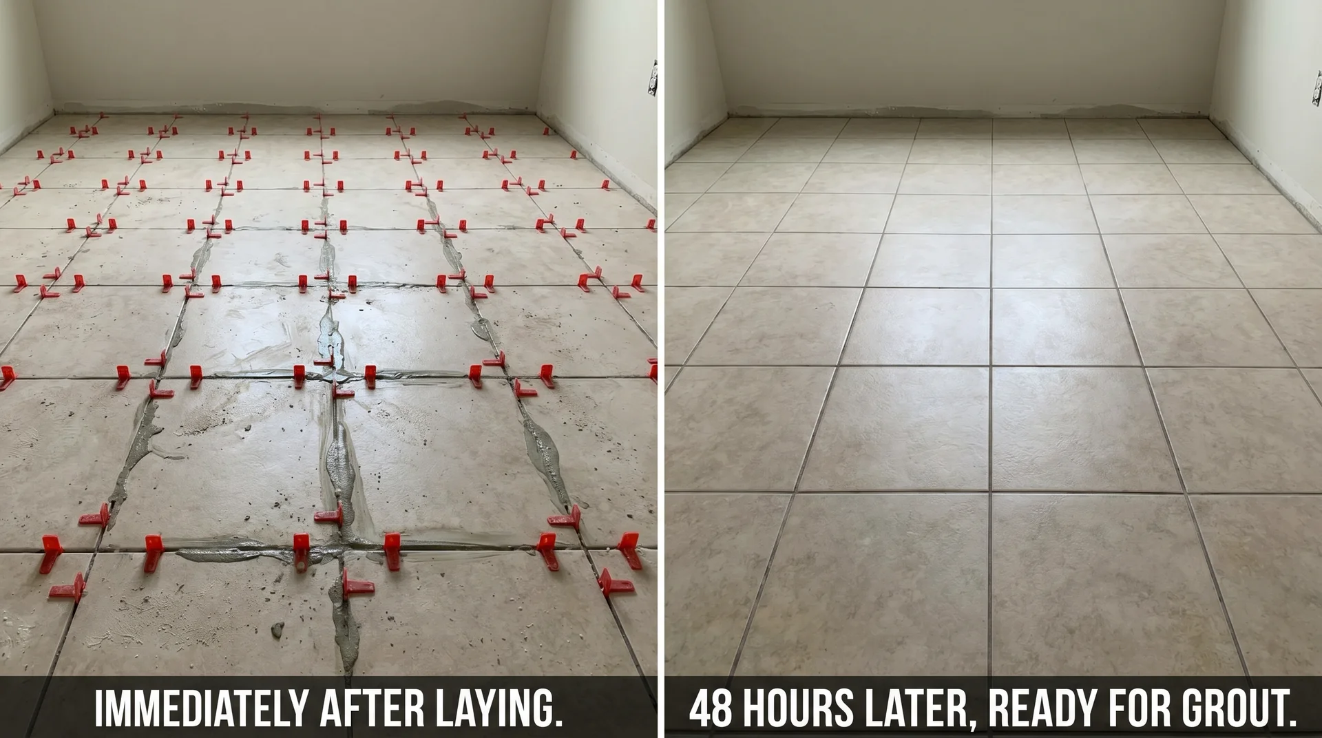 Tile floor before and after thinset cure — spacers in place left, joints ready for grouting right