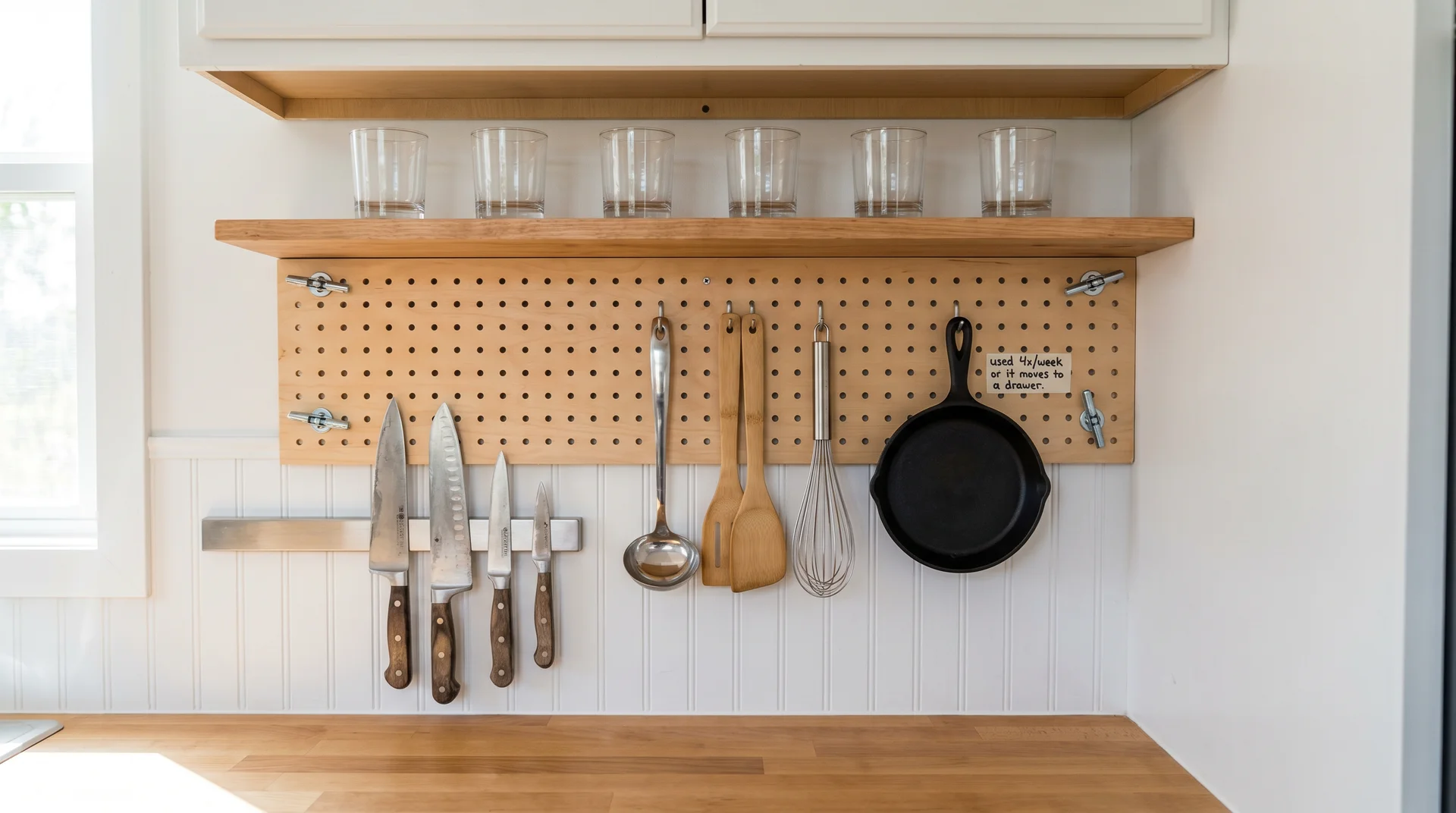 Tiny house kitchen vertical storage wall showing magnetic knife strip, pegboard with daily tools, and wall-mounted glass shelf
