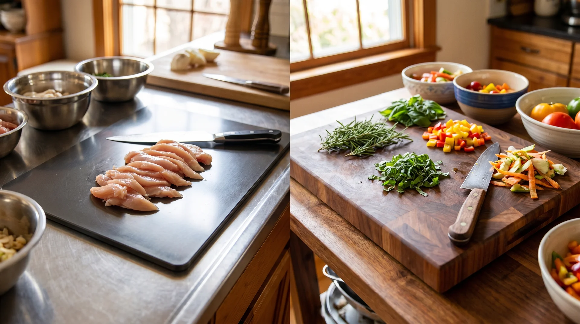 Titanium-coated and walnut cutting boards during meal preparation
