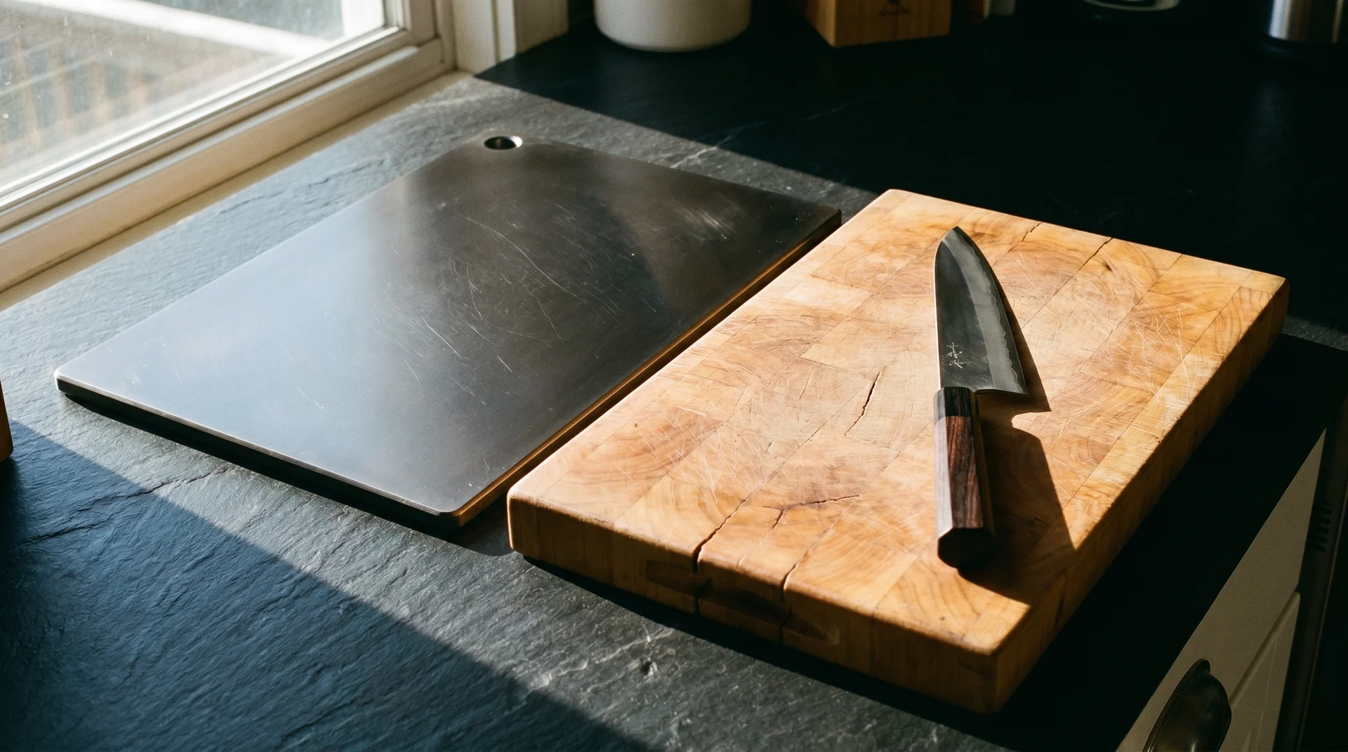 Titanium-coated cutting board and end-grain maple board side by side with a Japanese gyuto knife