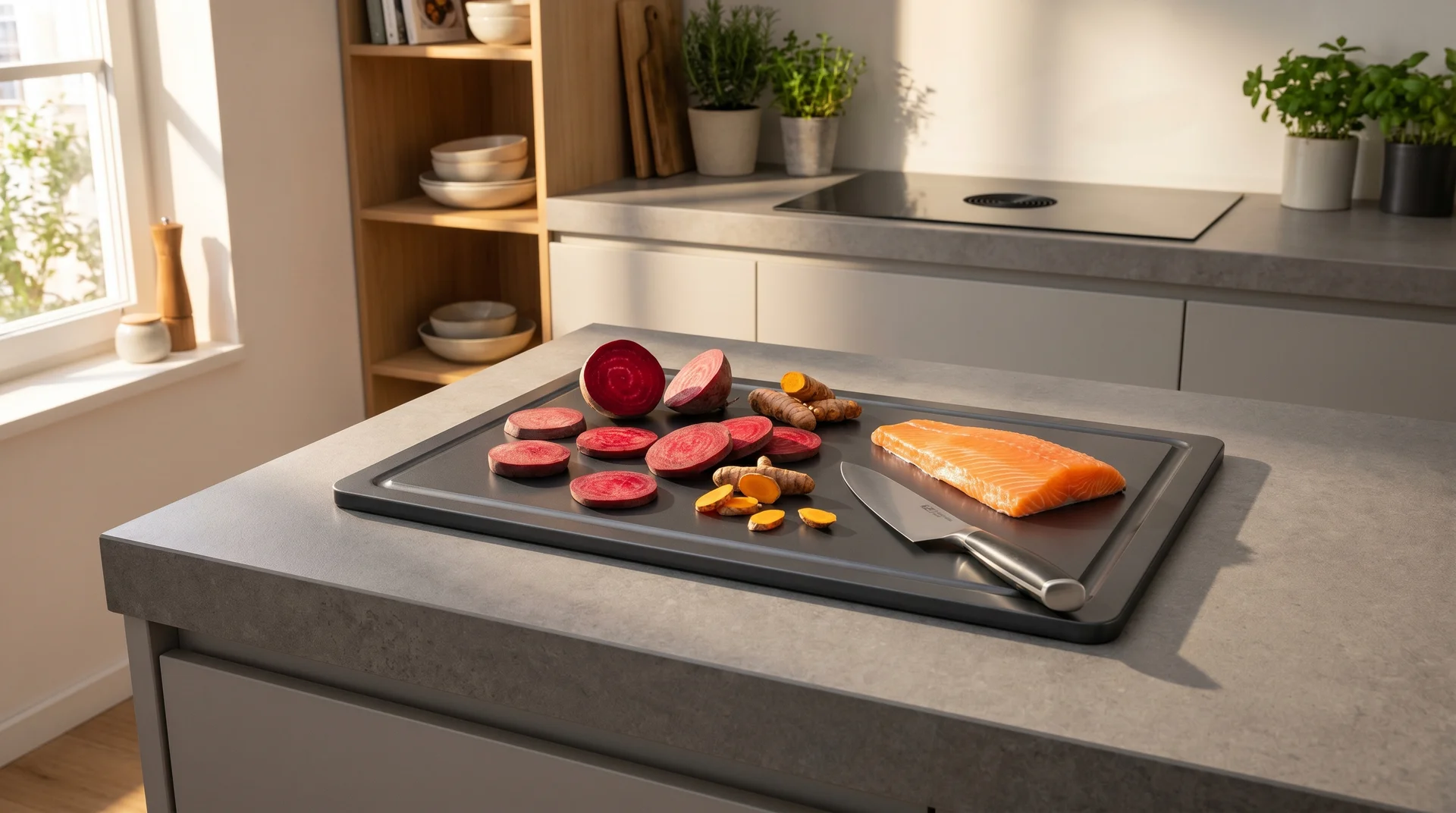Titanium-coated cutting board resisting stains during meal prep