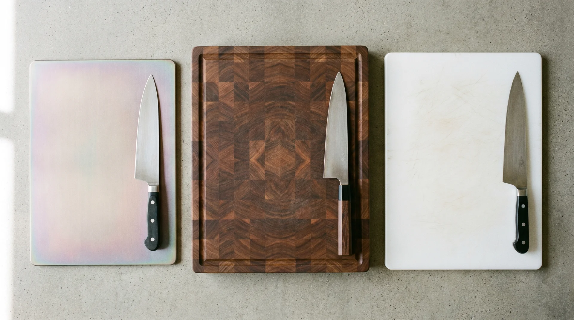Titanium-coated, end-grain walnut, and polypropylene cutting boards compared side by side with chef's knives
