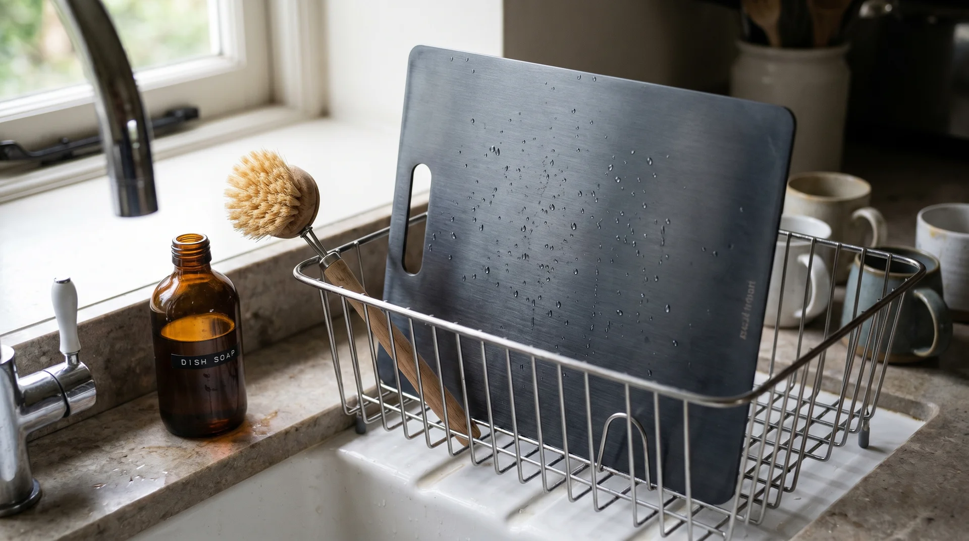 Titanium cutting board drying in dish rack beside dish brush, hand-wash care context
