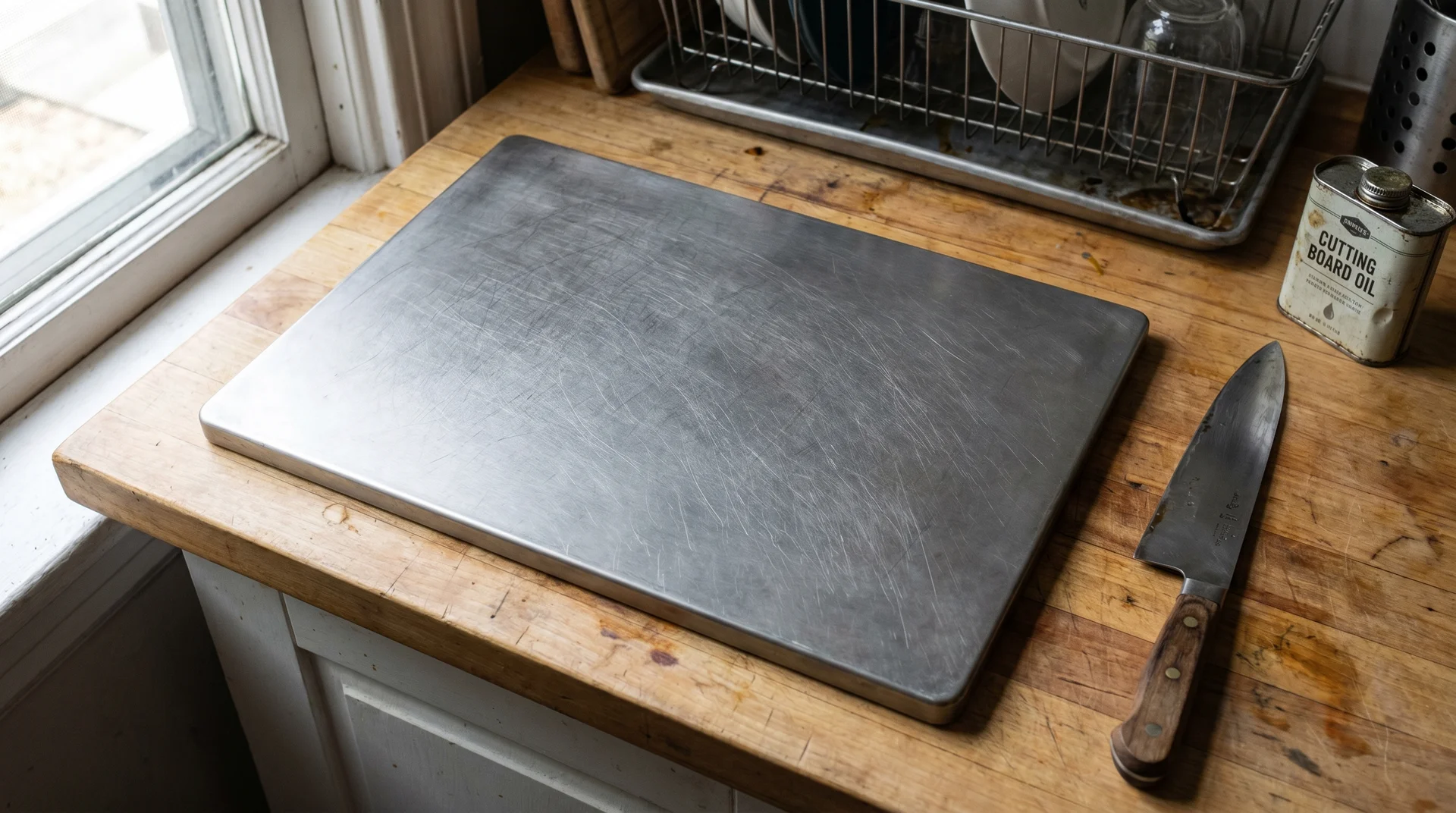 Titanium cutting board with chef's knife on kitchen counter, natural light
