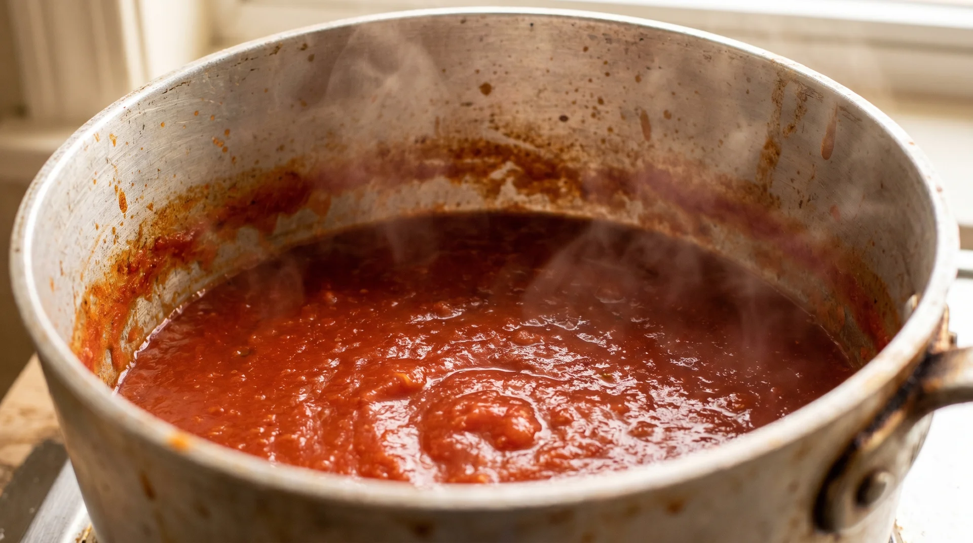Tomato sauce simmering in bare aluminum pan showing acidic cooking conditions