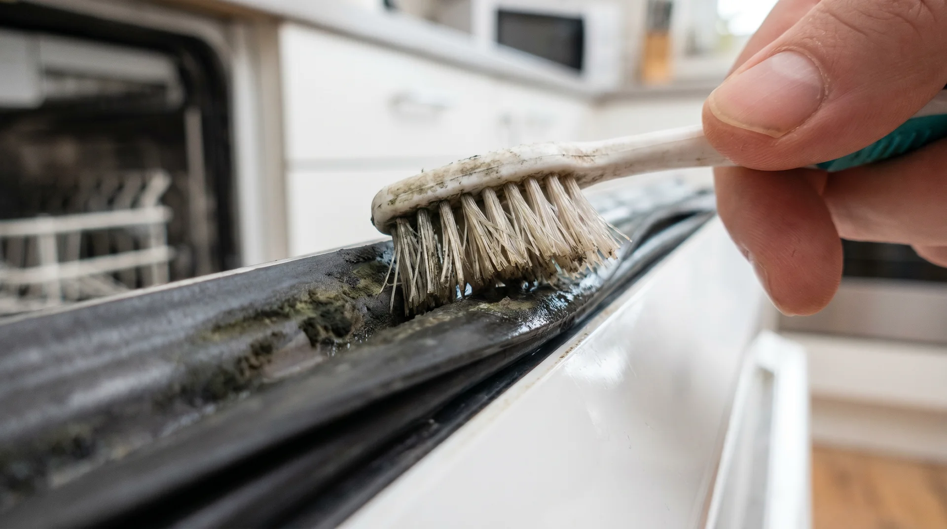Toothbrush scrubbing deep into dishwasher door gasket inner fold to remove black mold growth
