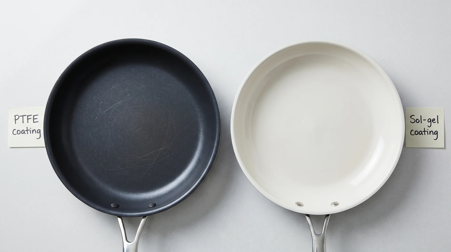 Traditional PTFE nonstick pan beside ceramic-coated pan showing coating surface differences
