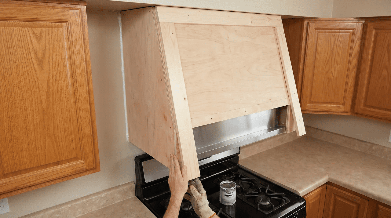 Hands pressing trim board onto plywood enclosure; caulk at wall joint, primer can on range below