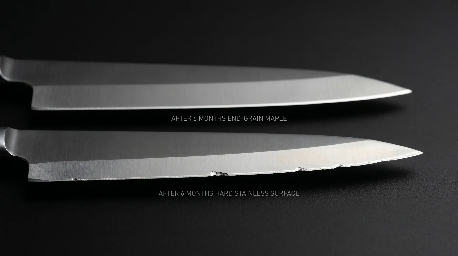 Two knife edges compared after six months on wood versus hard metal cutting surfaces, showing edge degradation
