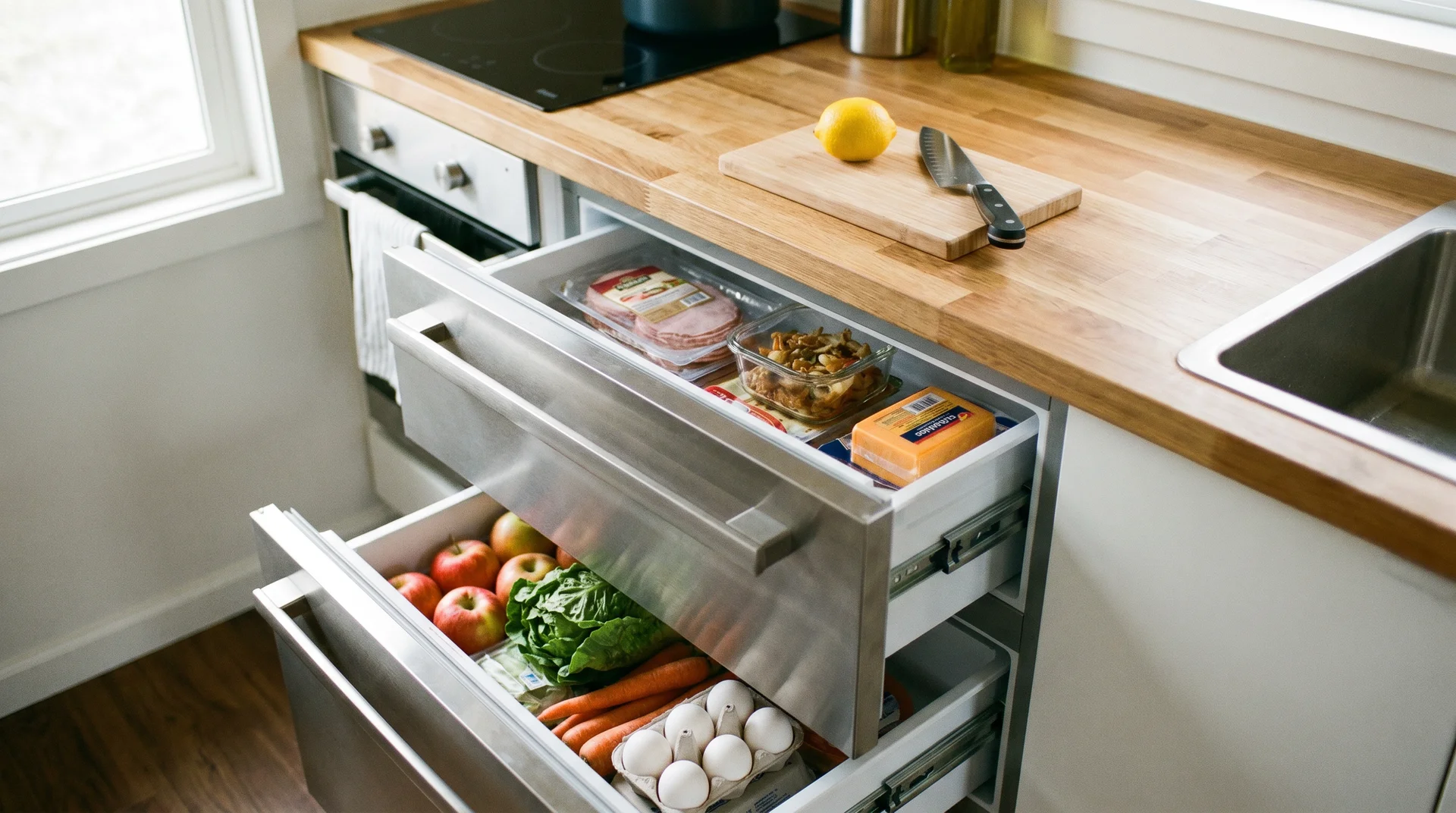 Under-counter refrigerator drawers open beneath continuous butcher block counter showing produce and deli storage in a tiny kitchen
