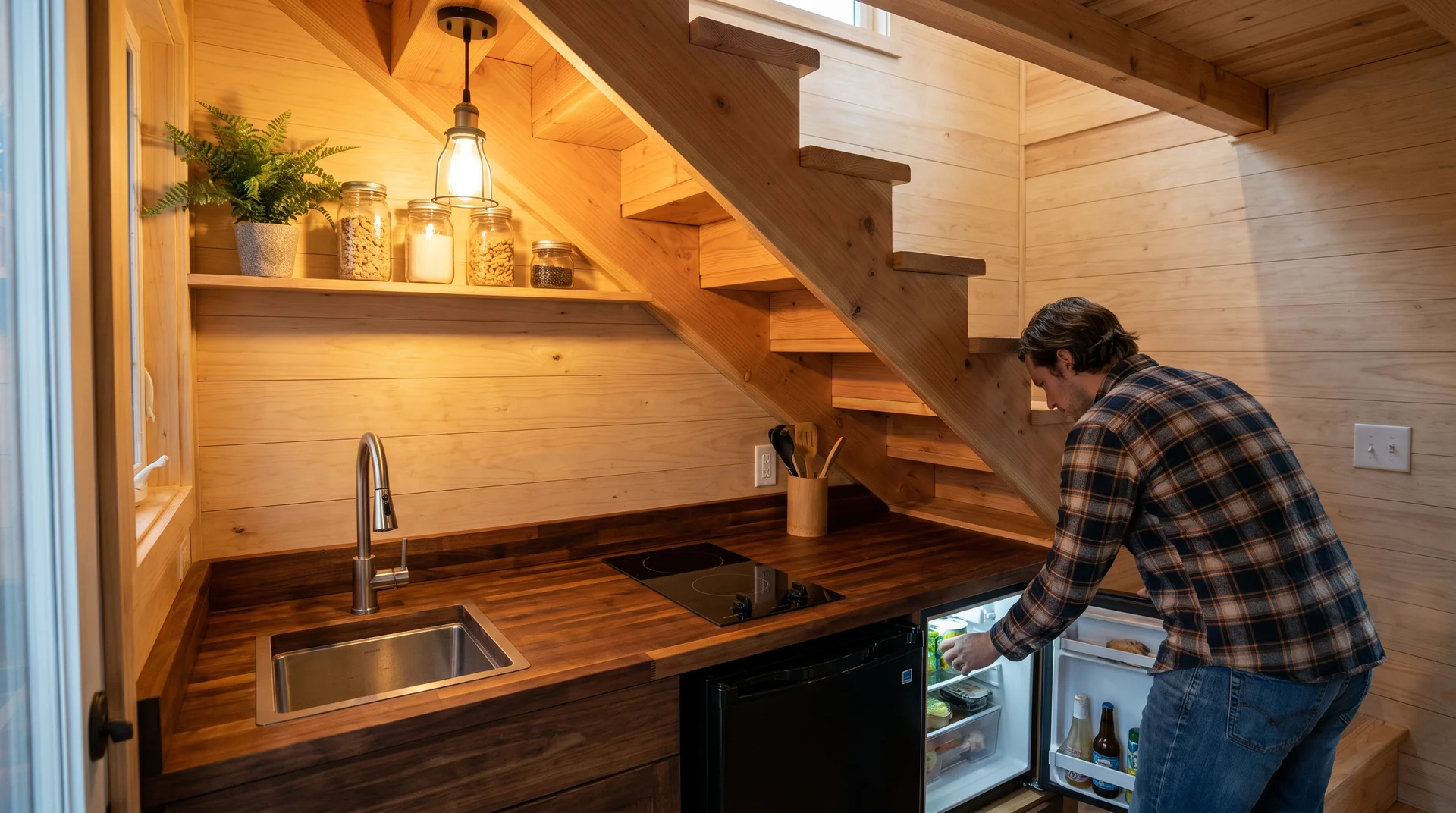 Under-staircase tiny house kitchen with compact sink, induction cooktop, and under-counter fridge beneath sloped stair ceiling