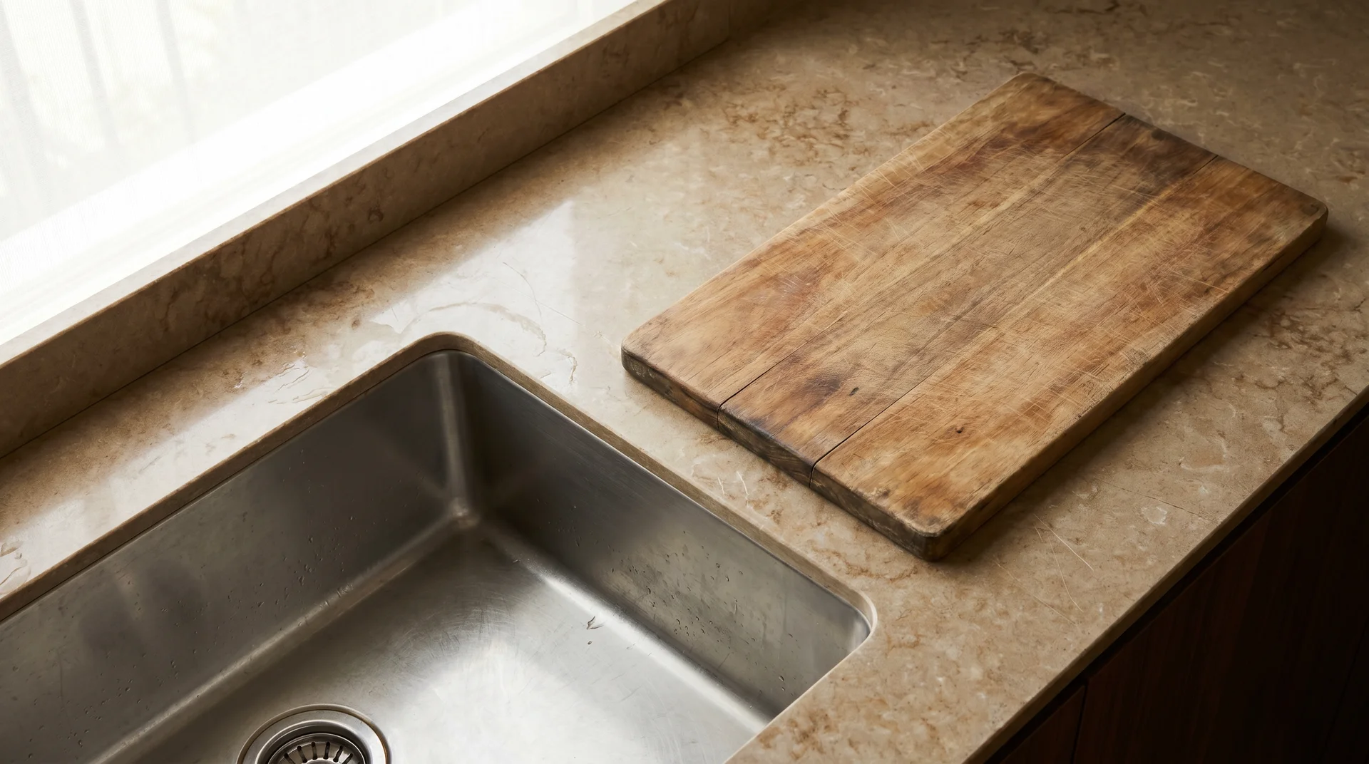 Undermount stainless steel sink in quartz countertop with natural light, no visible rim