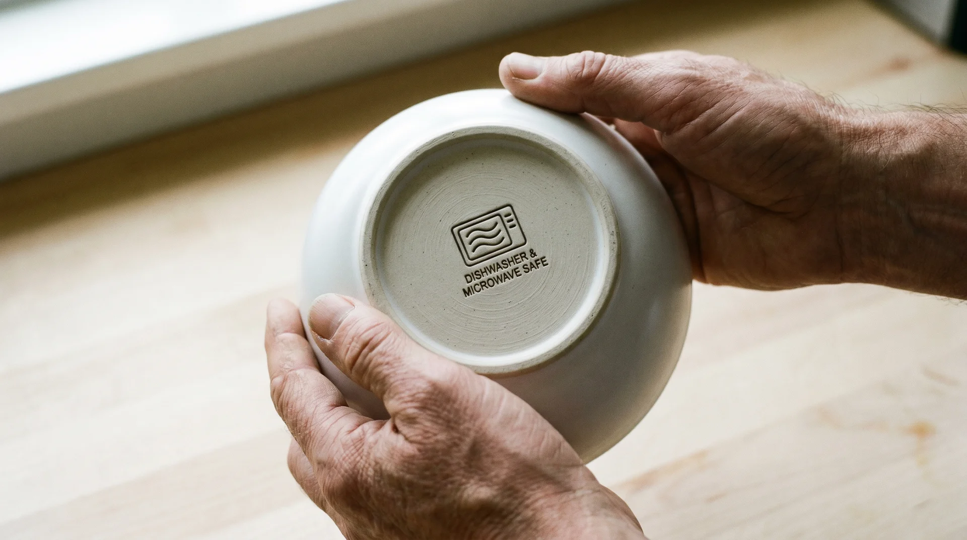 Underside of ceramic bowl showing microwave safe wavy-lines symbol stamped on base
