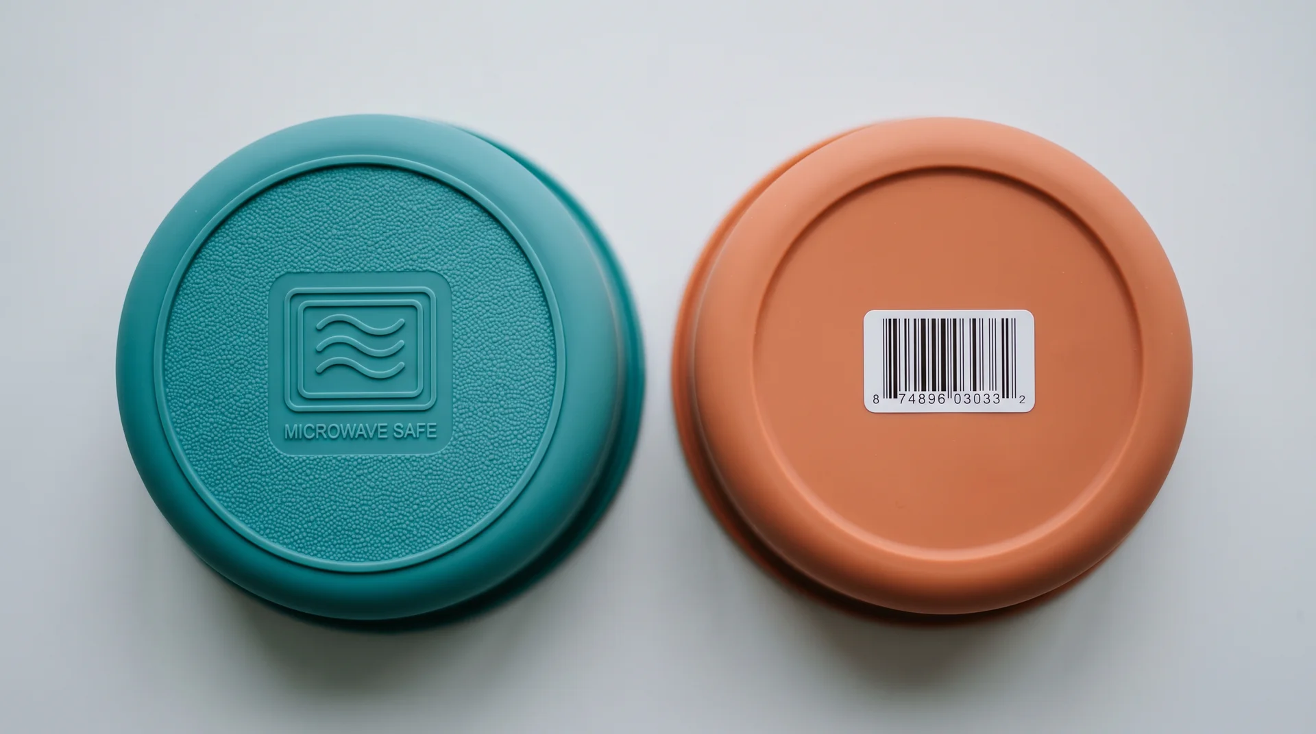 Underside of two silicone containers — one with microwave-safe symbol, one without 