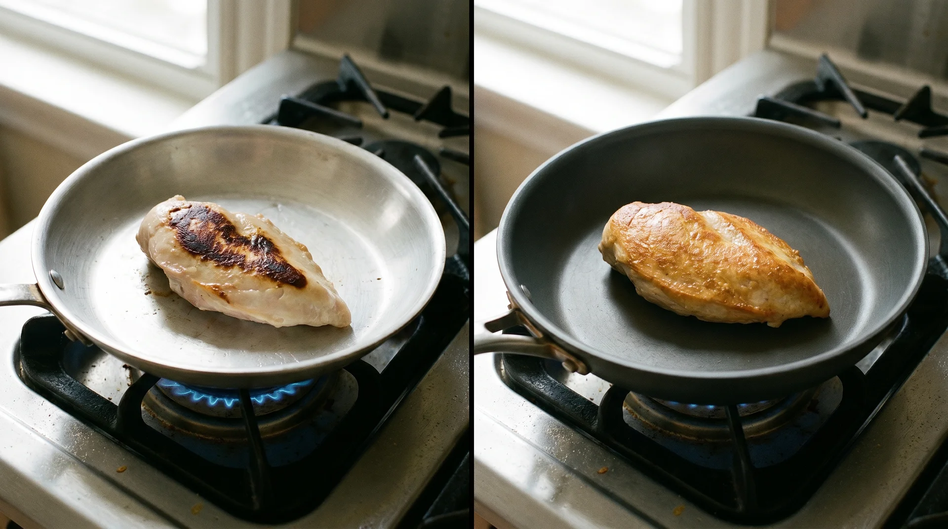 Uneven browning in a bare aluminum pan on the left, more even browning in a hard anodized pan on the right
