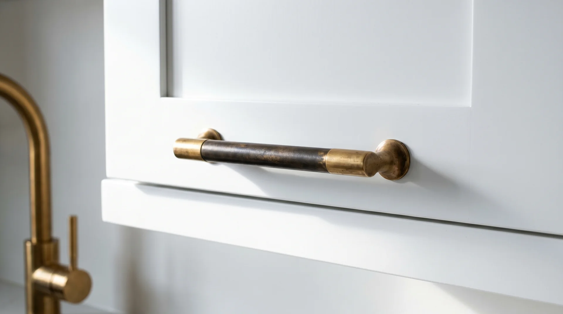 Unlacquered brass bar pull on bright white shaker cabinet door showing authentic patina variation in warm morning light 