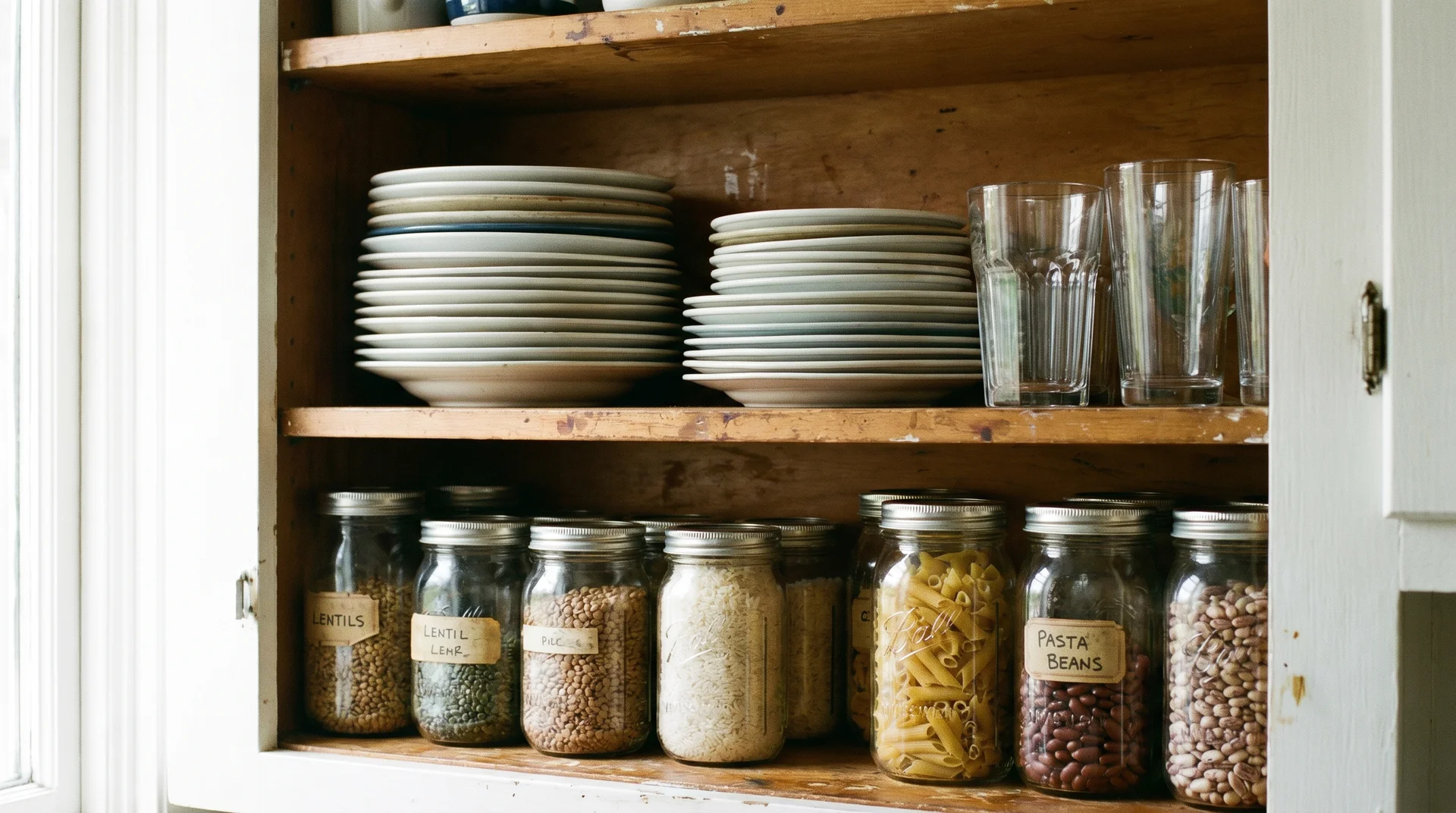 Upper kitchen cabinet organized with plates stacked by type and dry goods at front
