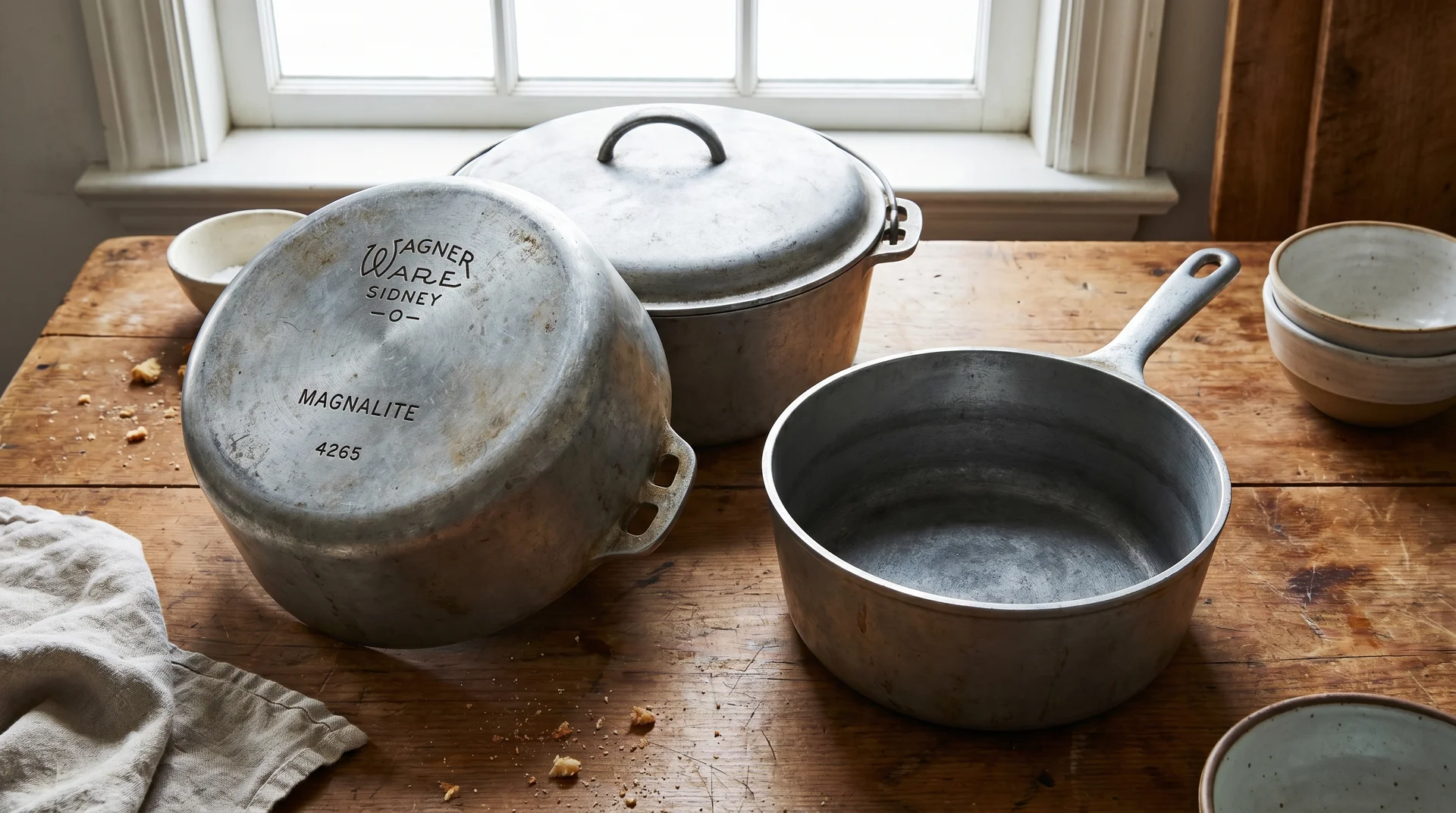 Vintage Wagner Ware Magnalite dutch oven and saucepan showing base markings and seasoned interior
