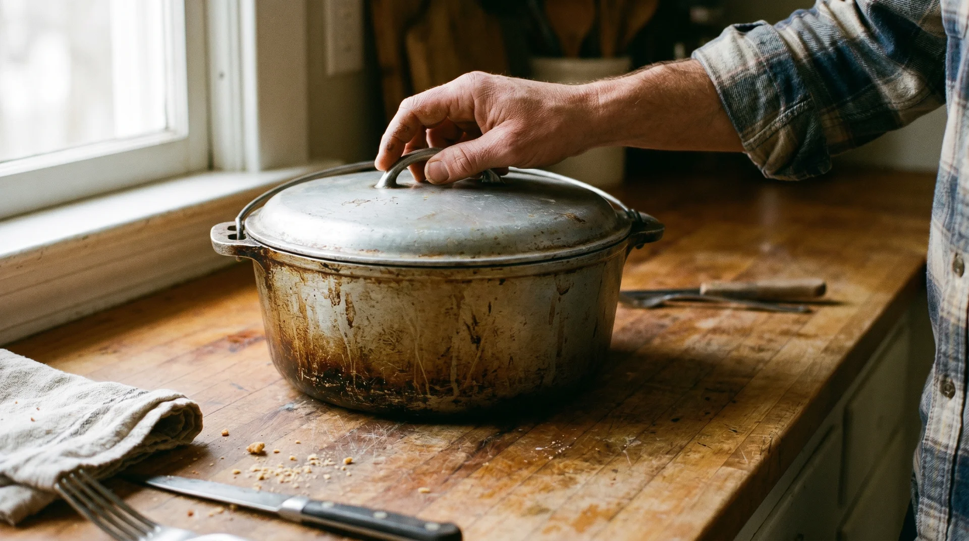 Vintage cast aluminum dutch oven on a wooden kitchen counter in natural light