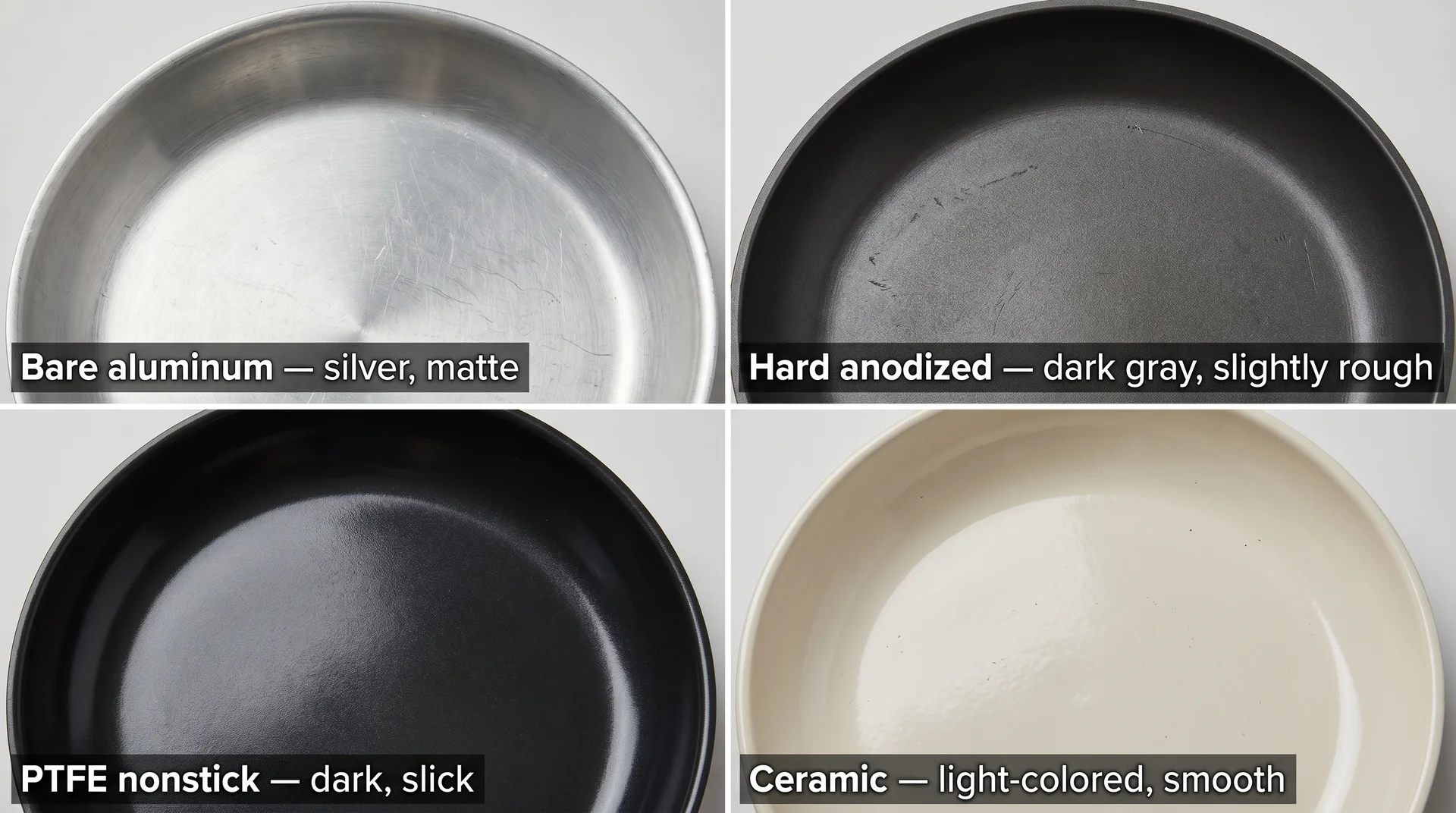 Visual guide to identifying bare aluminum, hard anodized, nonstick, and ceramic pan interiors
