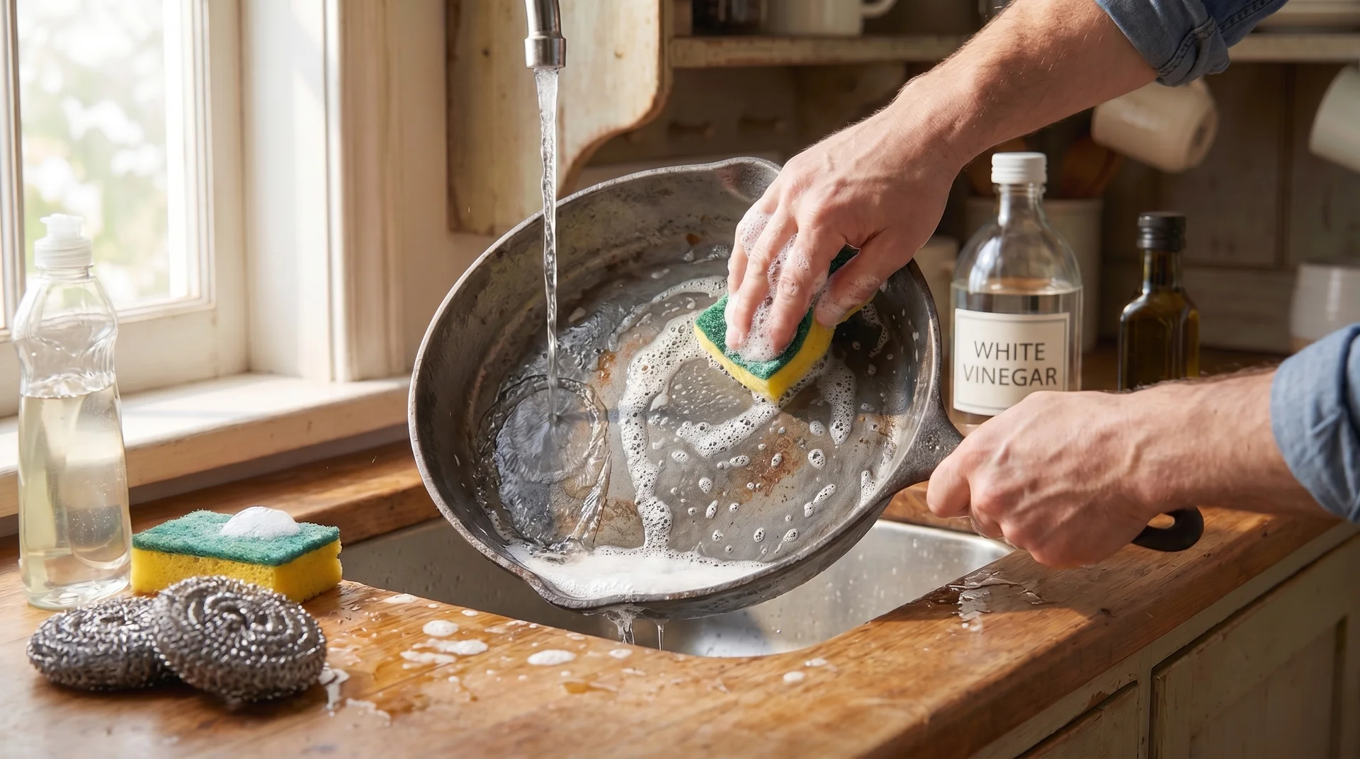 Washing stripped cast iron skillet thoroughly after rust removal