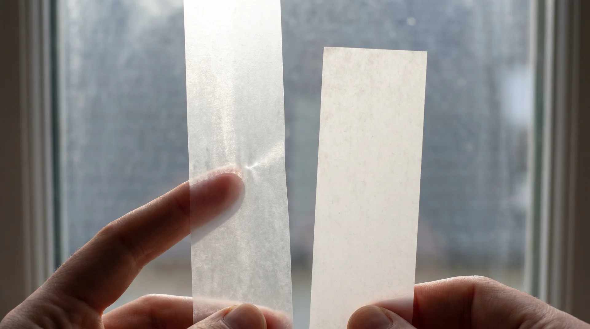 Wax paper and parchment paper held to window light showing sheen difference that helps identify each type