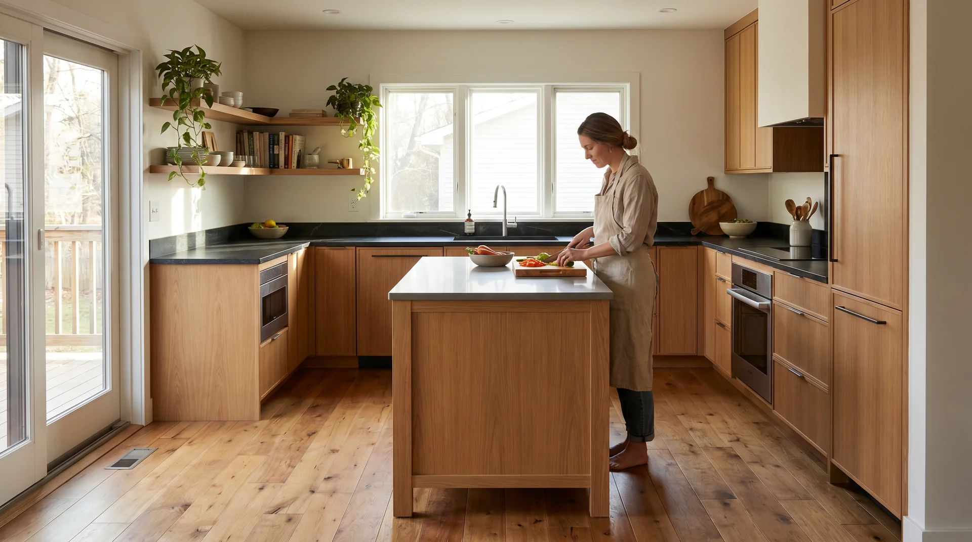 Well-placed island inside an L-shaped kitchen layout