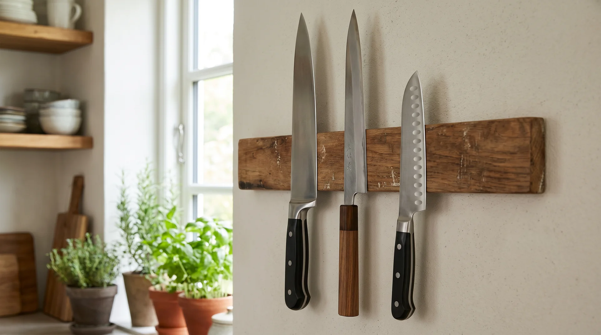 Western chef's knife alongside gyuto and santoku on magnetic strip showing profile and size differences