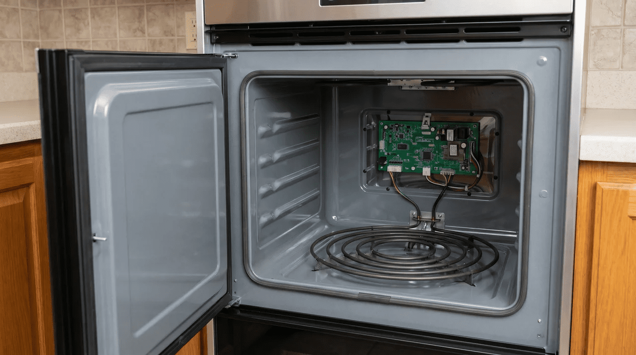 Open electric oven interior with lower heating element and control board visible at the rear of the cavity