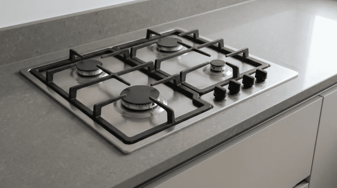 Gas hob with four burner rings and metal grates installed flush in a kitchen countertop