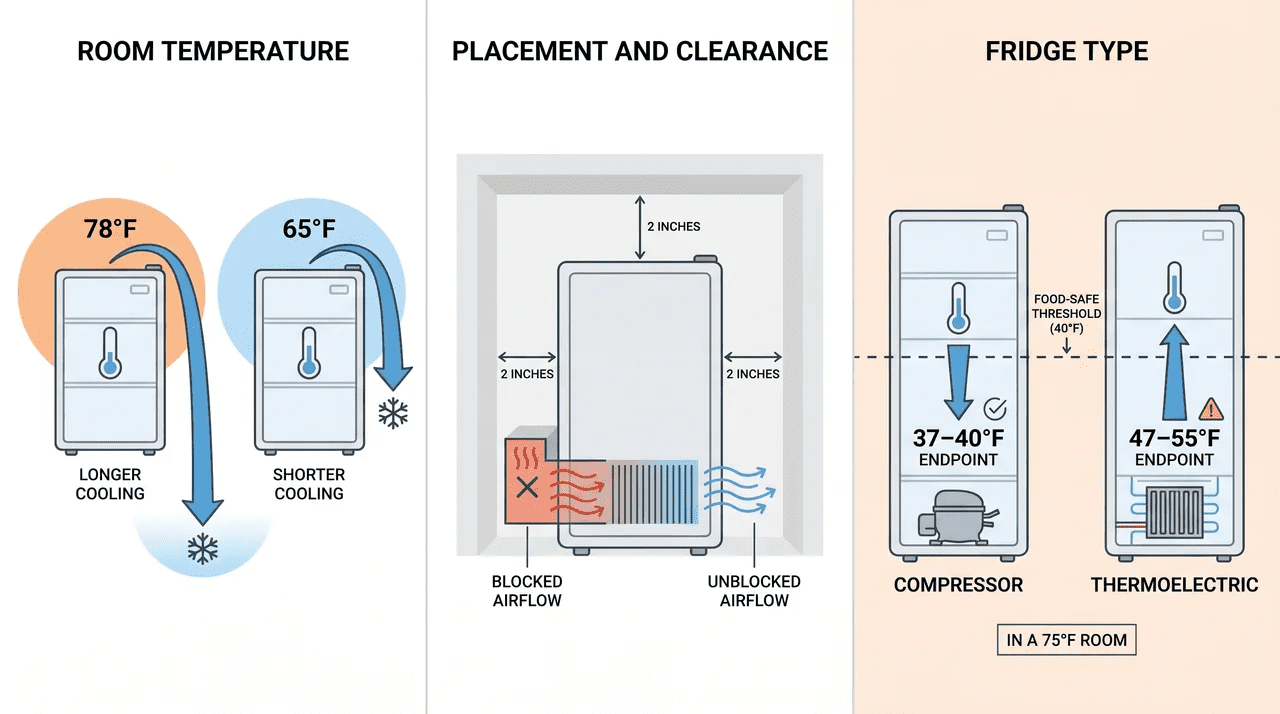 diagram comparing room temperature, clearance spacing, and compressor versus thermoelectric fridge types and their effect on cooling speed
