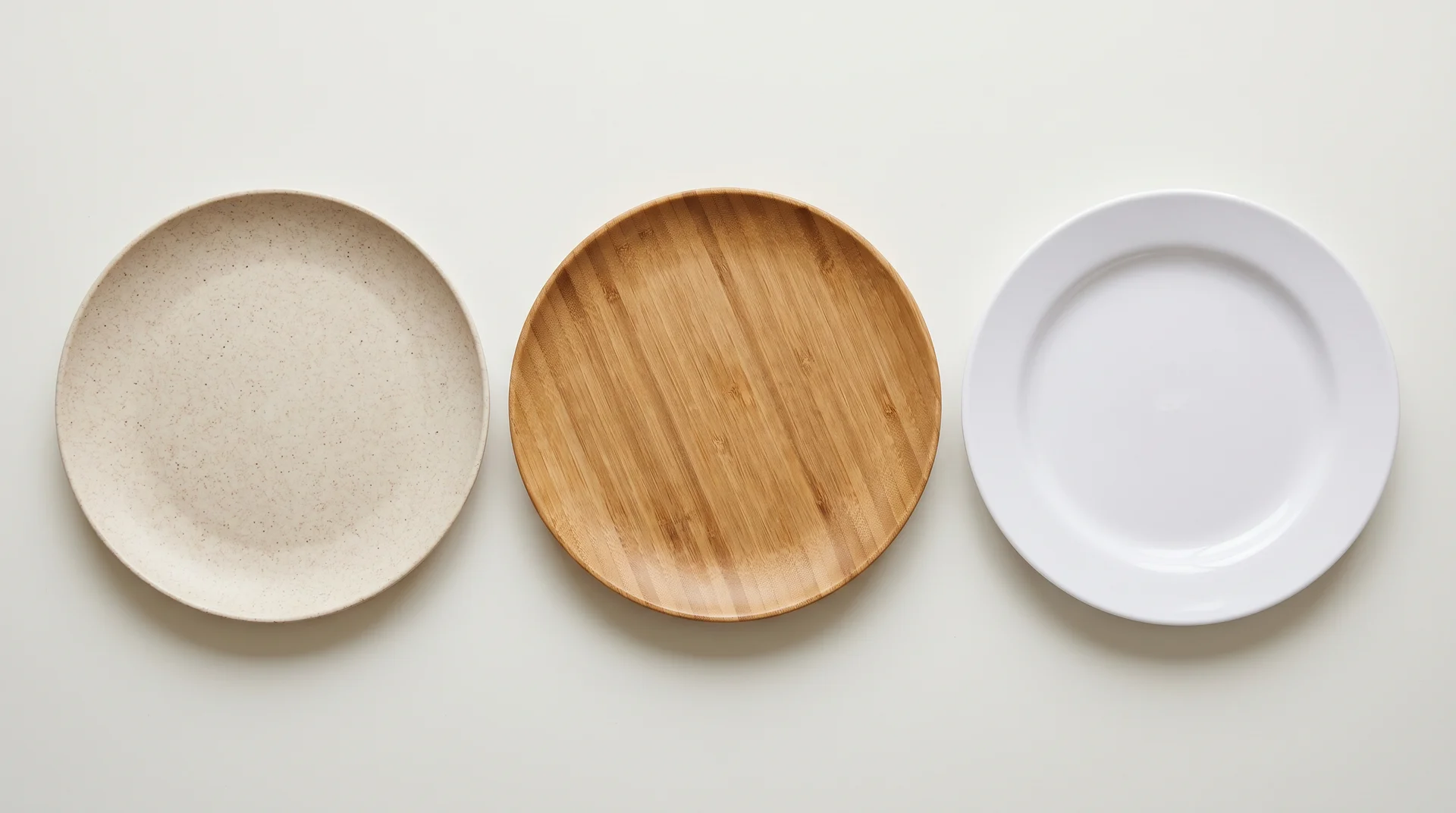Wheat straw, bamboo, and melamine plates side by side showing texture and surface differences
