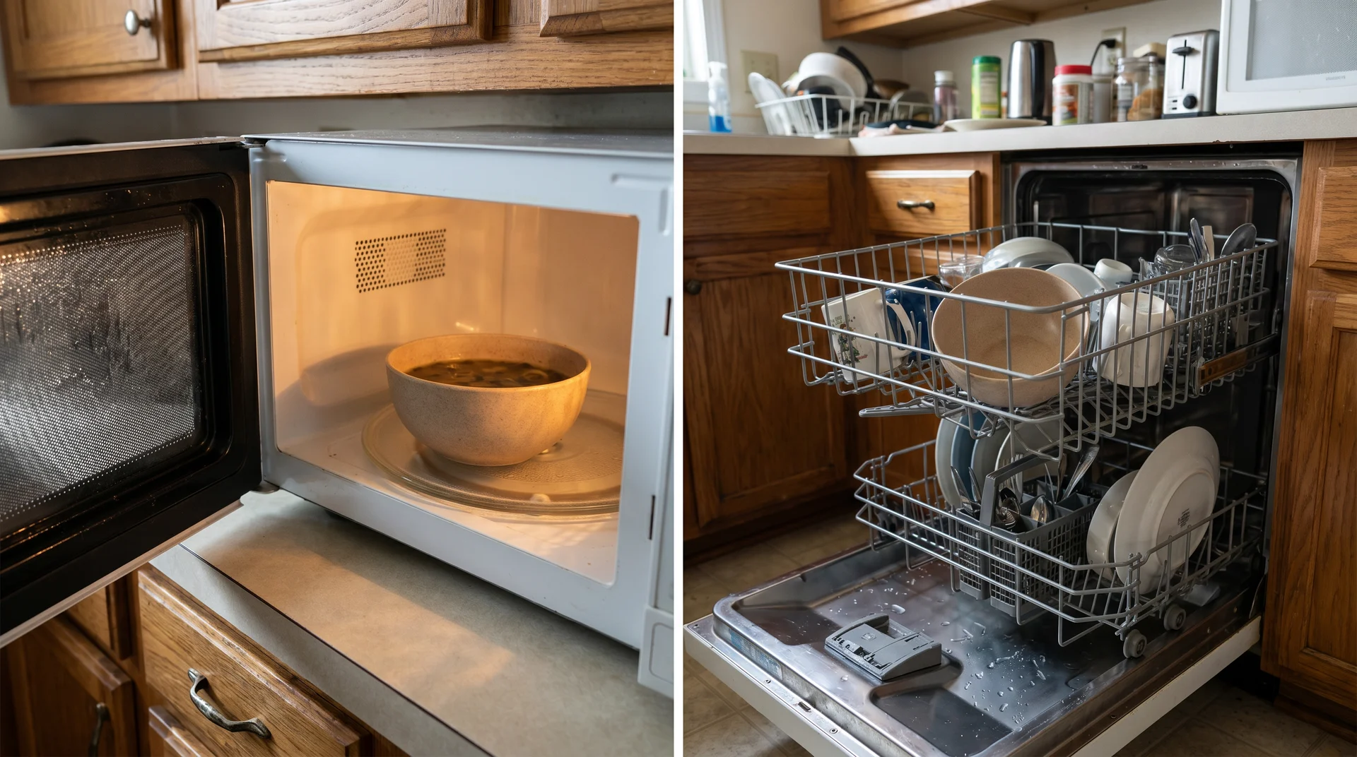 Wheat straw bowl in microwave and top dishwasher rack showing correct everyday use
