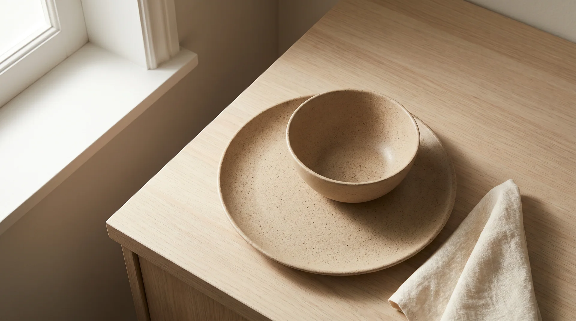 Wheat straw dinner plate and bowl on a wood countertop showing matte speckled composite texture