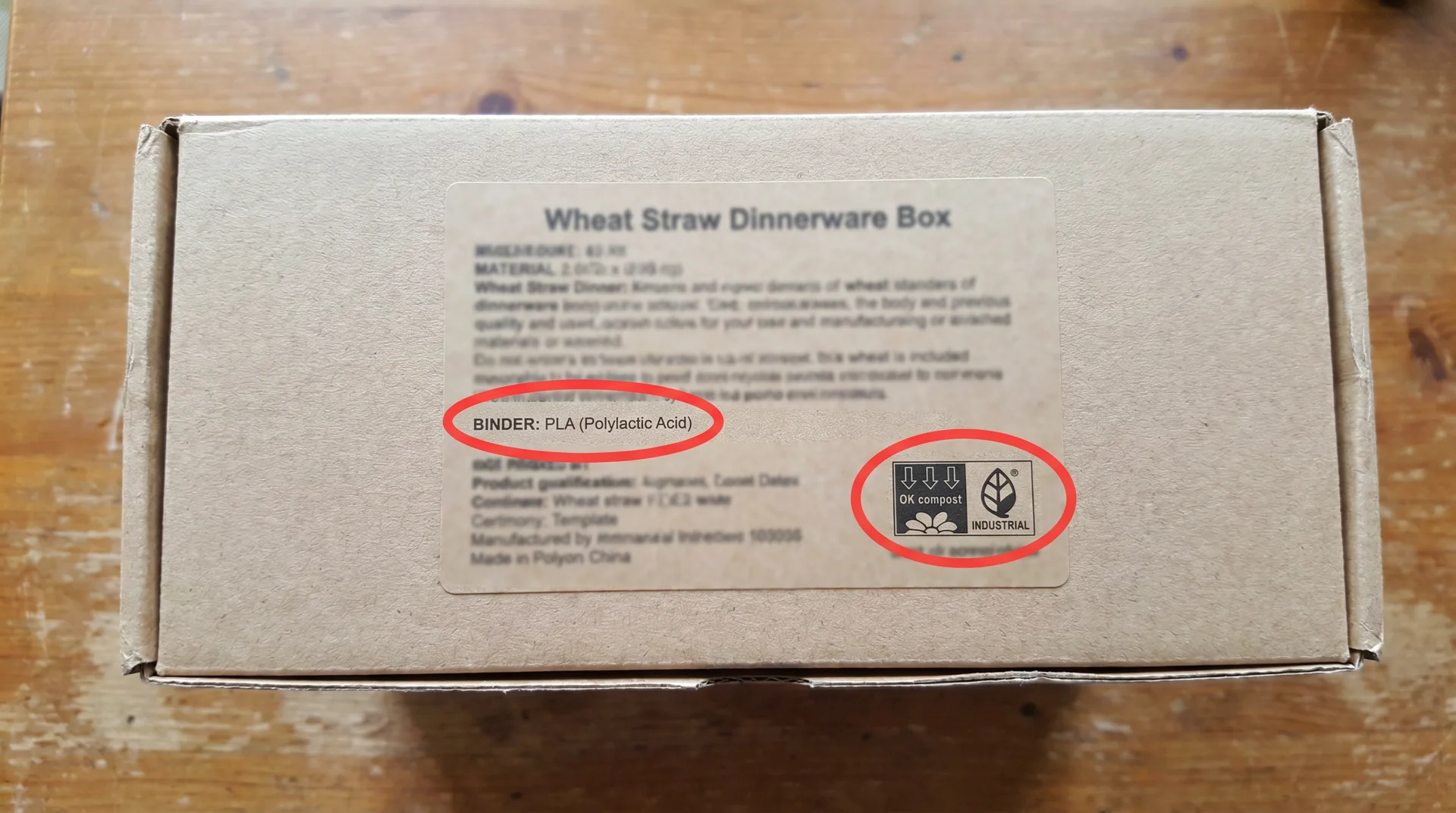 Wheat straw dinnerware product label with binder material and safety certification highlighted
