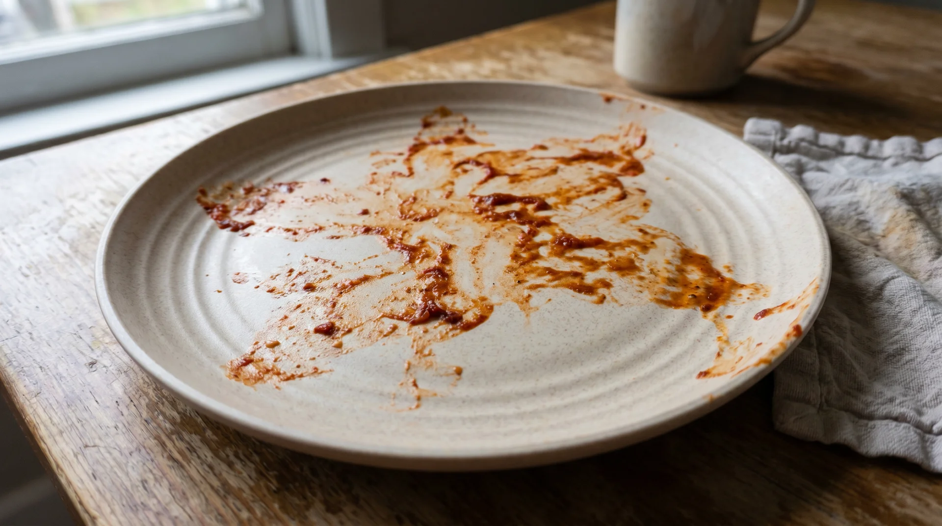 Wheat straw plate showing tomato sauce staining on matte composite surface after regular use