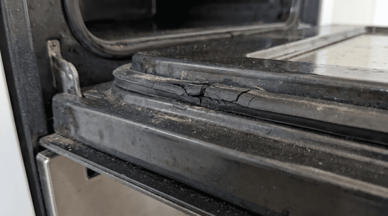 Cracked rubber gasket along the inner edge of an oven door frame