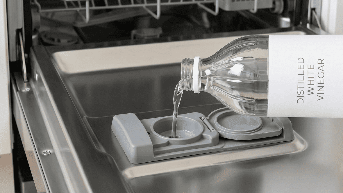 Clear vinegar bottle next to an open rinse aid dispenser compartment on a dishwasher door panel