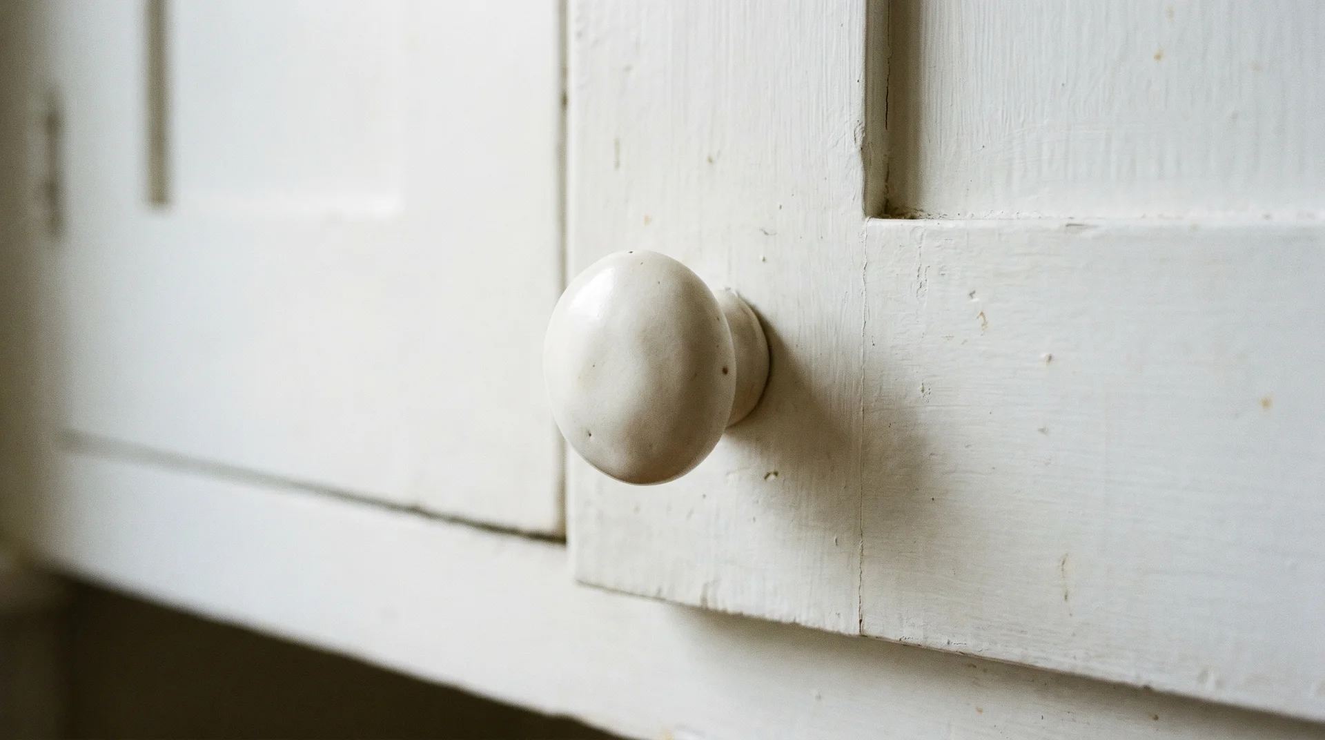 White ceramic knob on white painted shaker cabinet door in soft natural light, barely distinguishable from the cabinet face