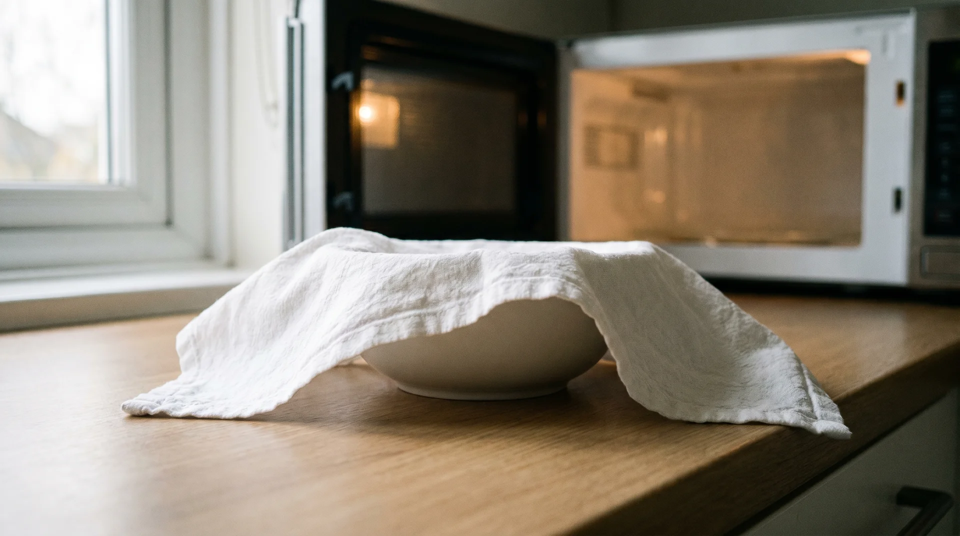 White cotton napkin draped over a bowl near an open microwave on a kitchen counter
