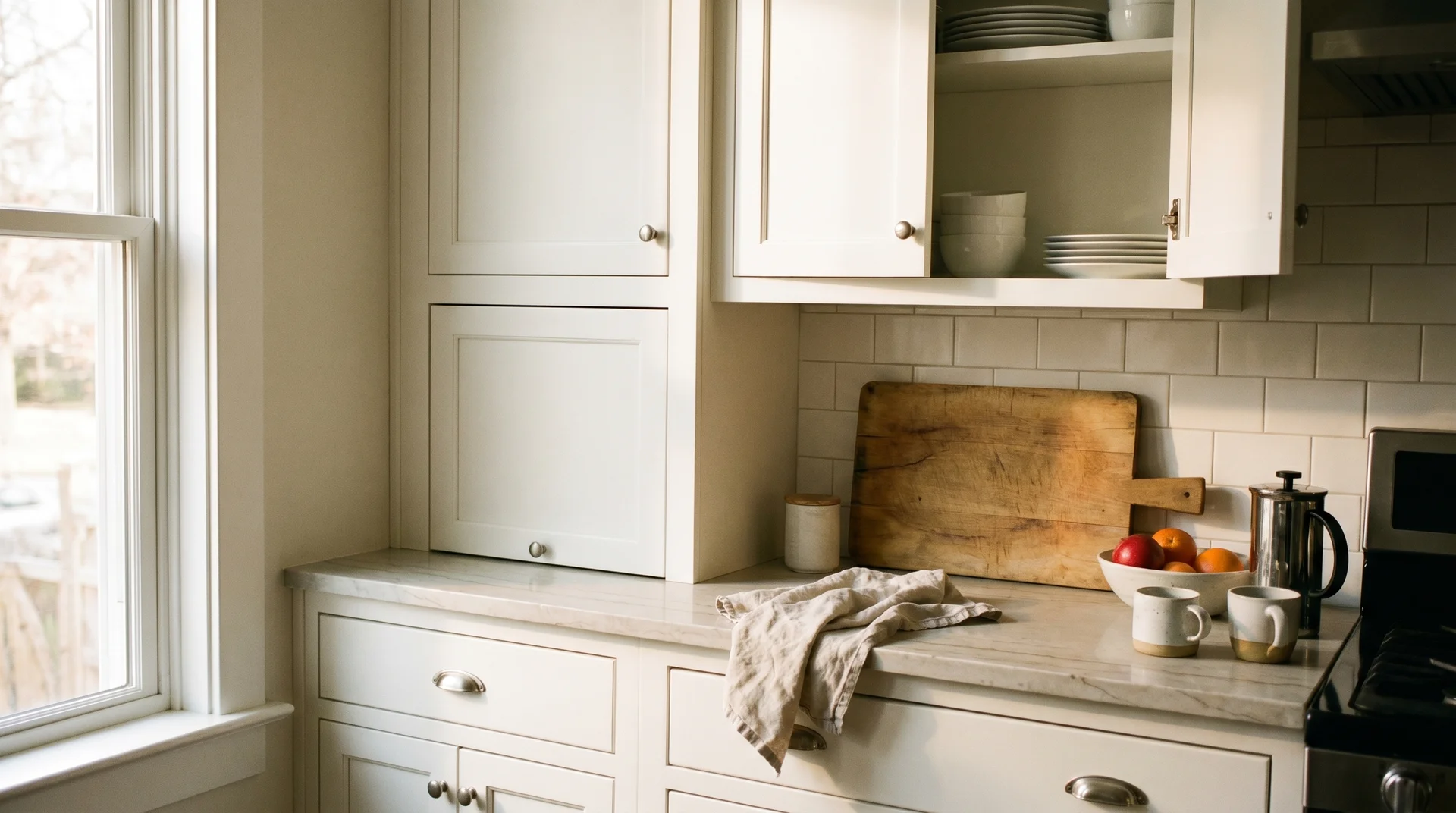 White painted kitchen cabinets with open door showing painted interior, natural light