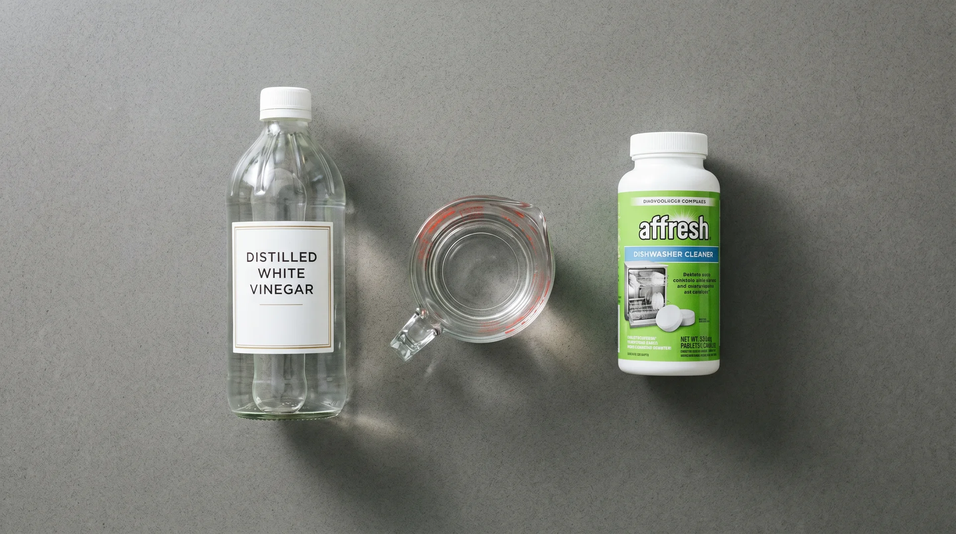 White vinegar and citric acid cleaner for stainless steel dishwasher mold cleaning on a kitchen counter