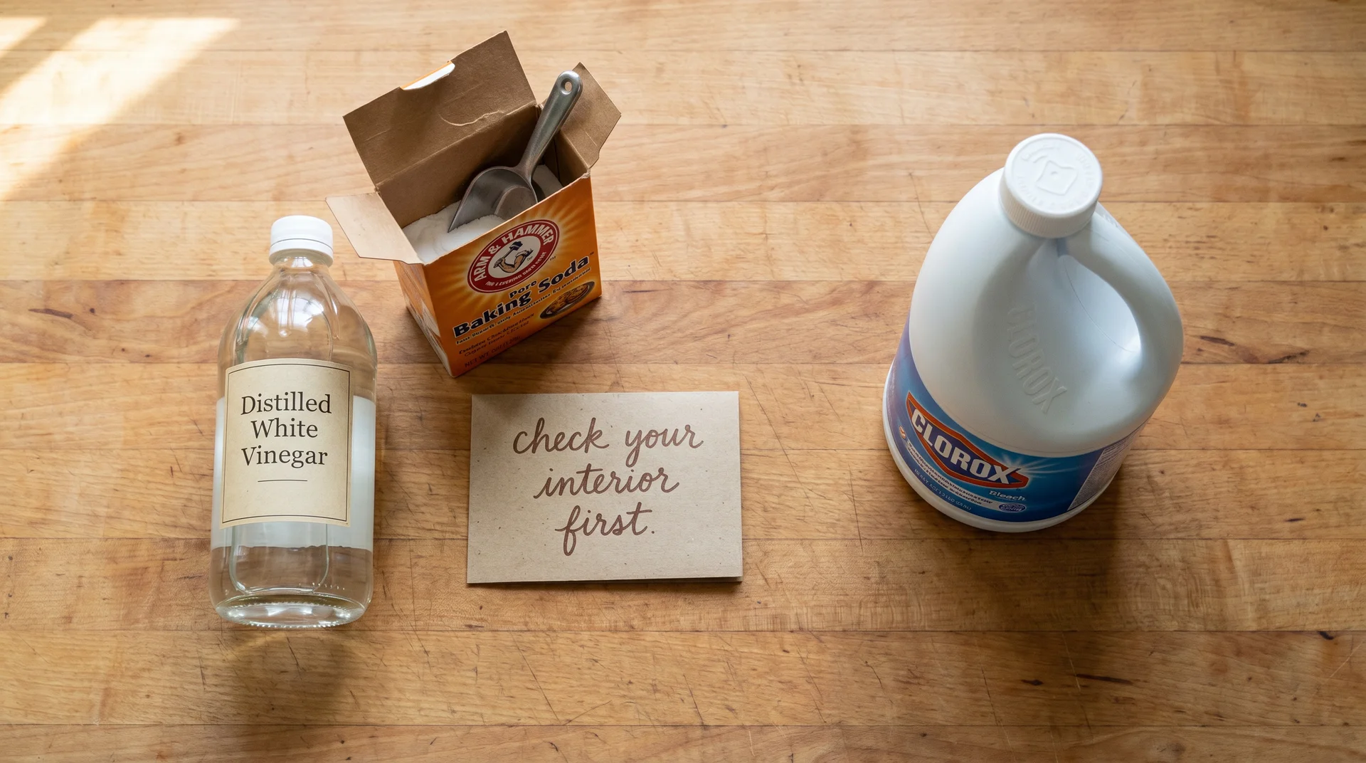 White vinegar, baking soda, and bleach on a kitchen counter with a note about dishwasher interior type 